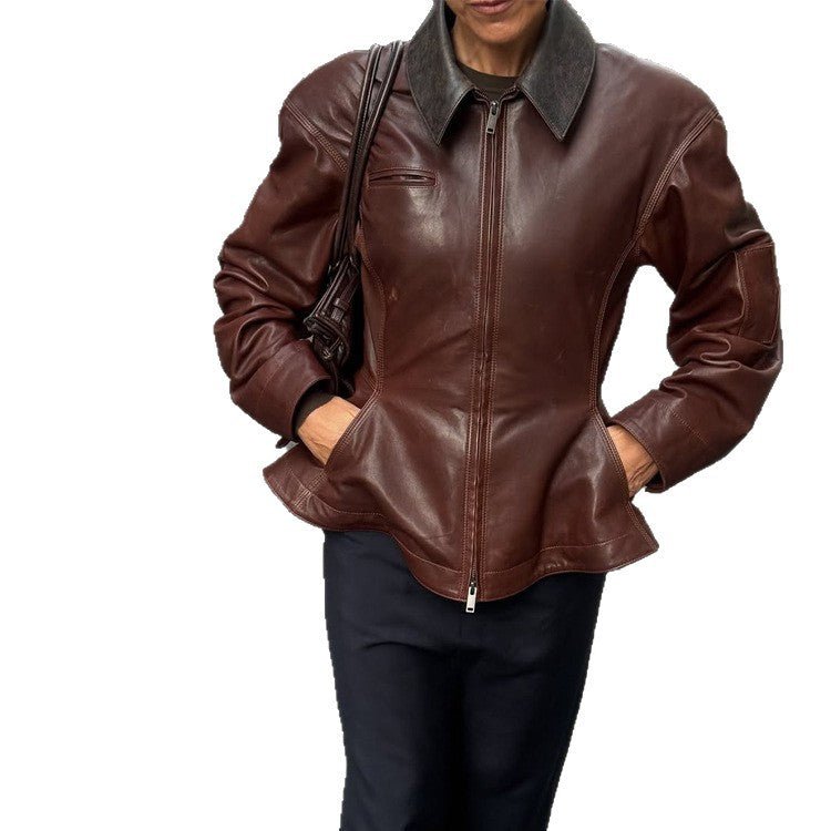 Women’s leather jacket with tailored peplum, zipper & large shirt collar Chichicherry - Chichicherry