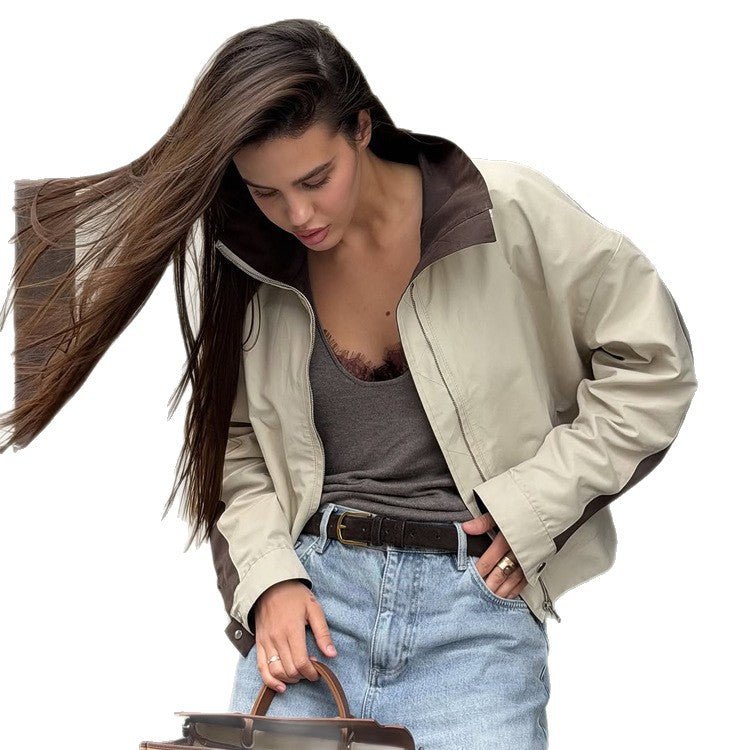 Women's Lightweight Bomber Jacket in Colorblock Style with High Stand-Up Collar Chichicherry - Chichicherry