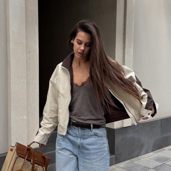 Women's Lightweight Bomber Jacket in Colorblock Style with High Stand-Up Collar Chichicherry - Chichicherry