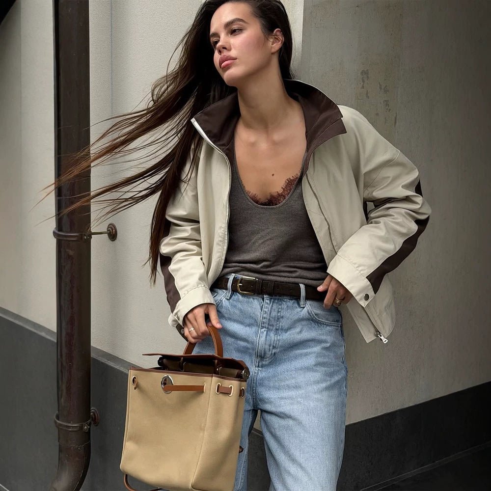 Women's Lightweight Bomber Jacket in Colorblock Style with High Stand-Up Collar Chichicherry - Chichicherry