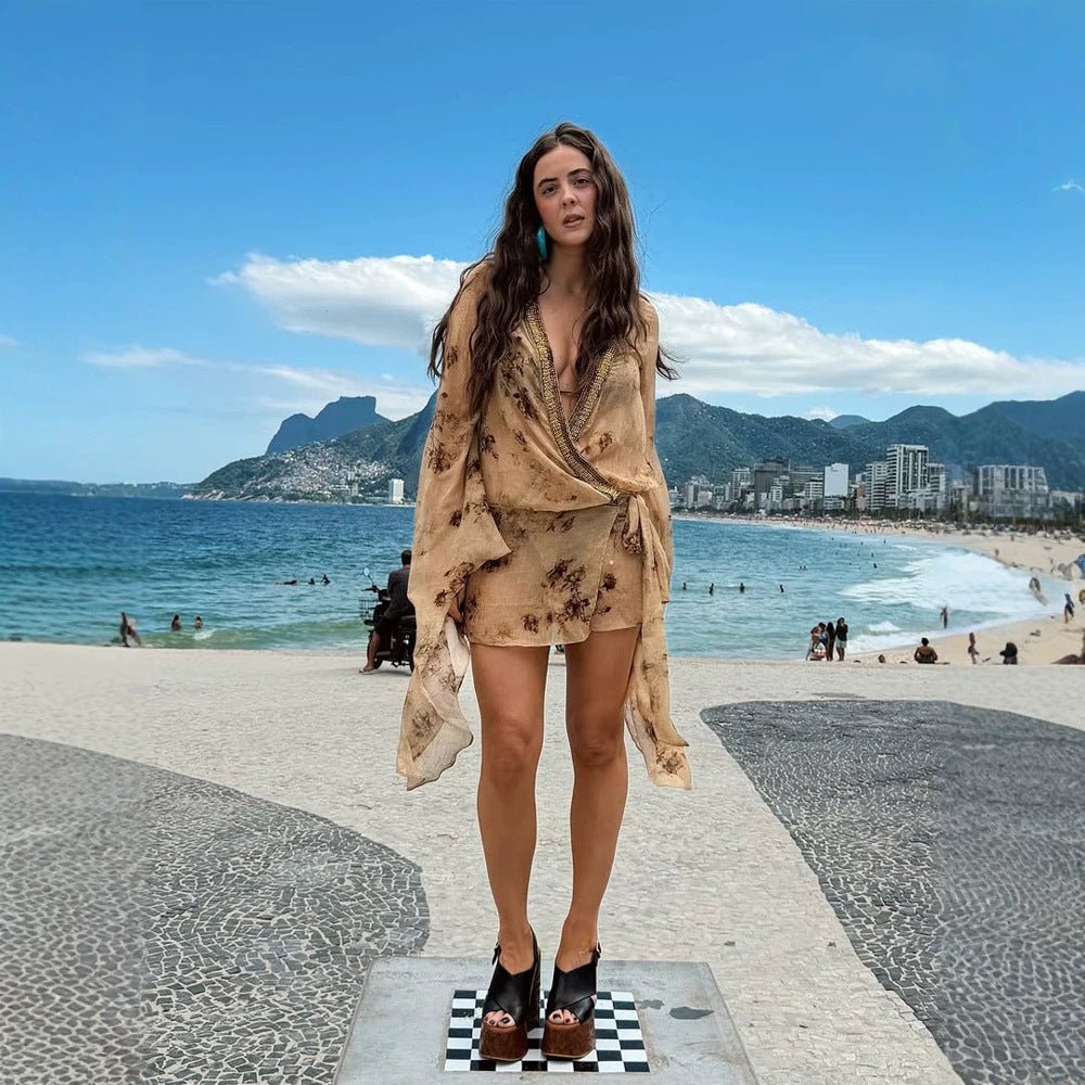 Women’s Lightweight Crinkle Tunic Set with V-Neck, Tie Belt and Mini Shorts Chichicherry - Chichicherry