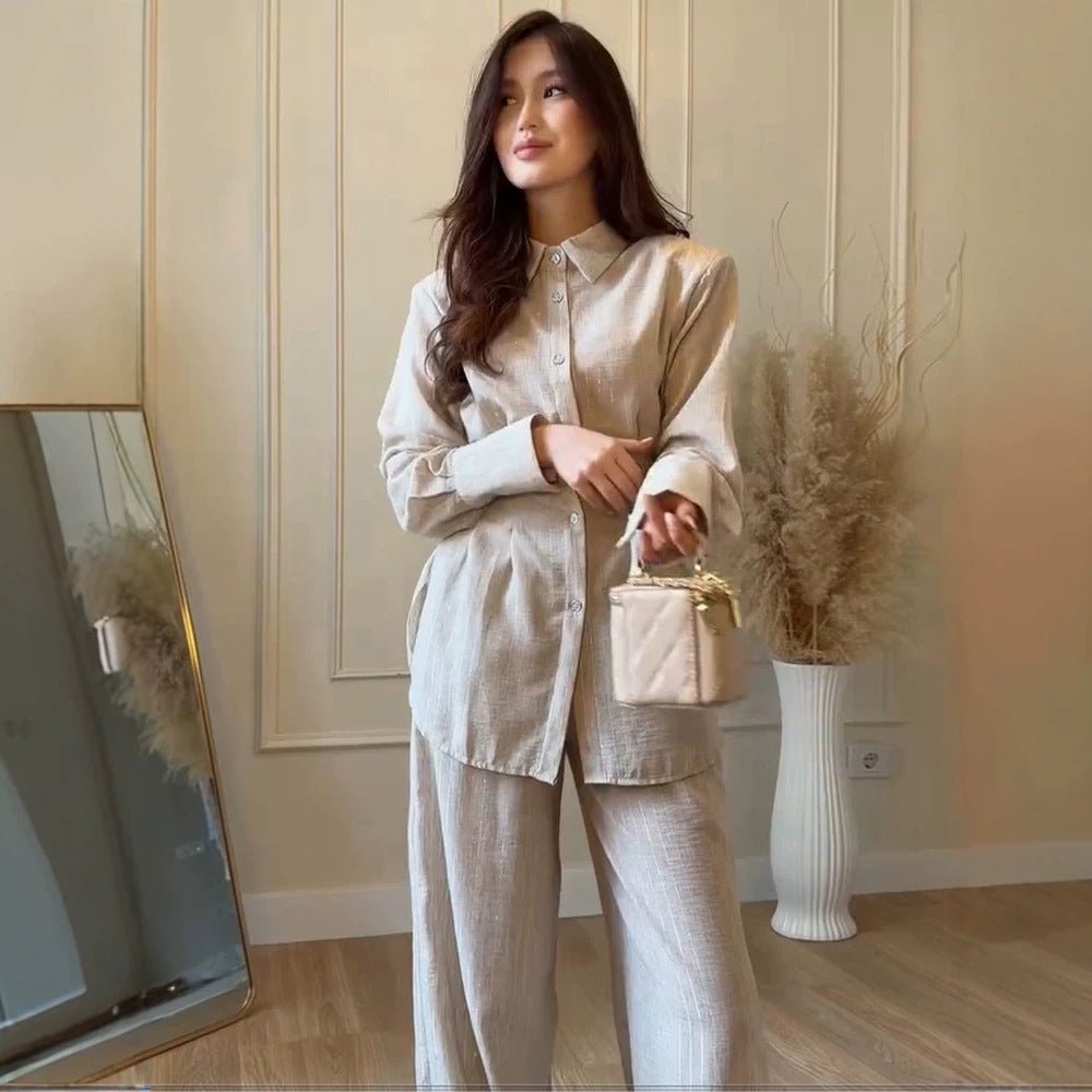 Women's Lightweight Linen Loungewear Set with Oversized Shirt and Wide Leg Pants Chichicherry - Chichicherry