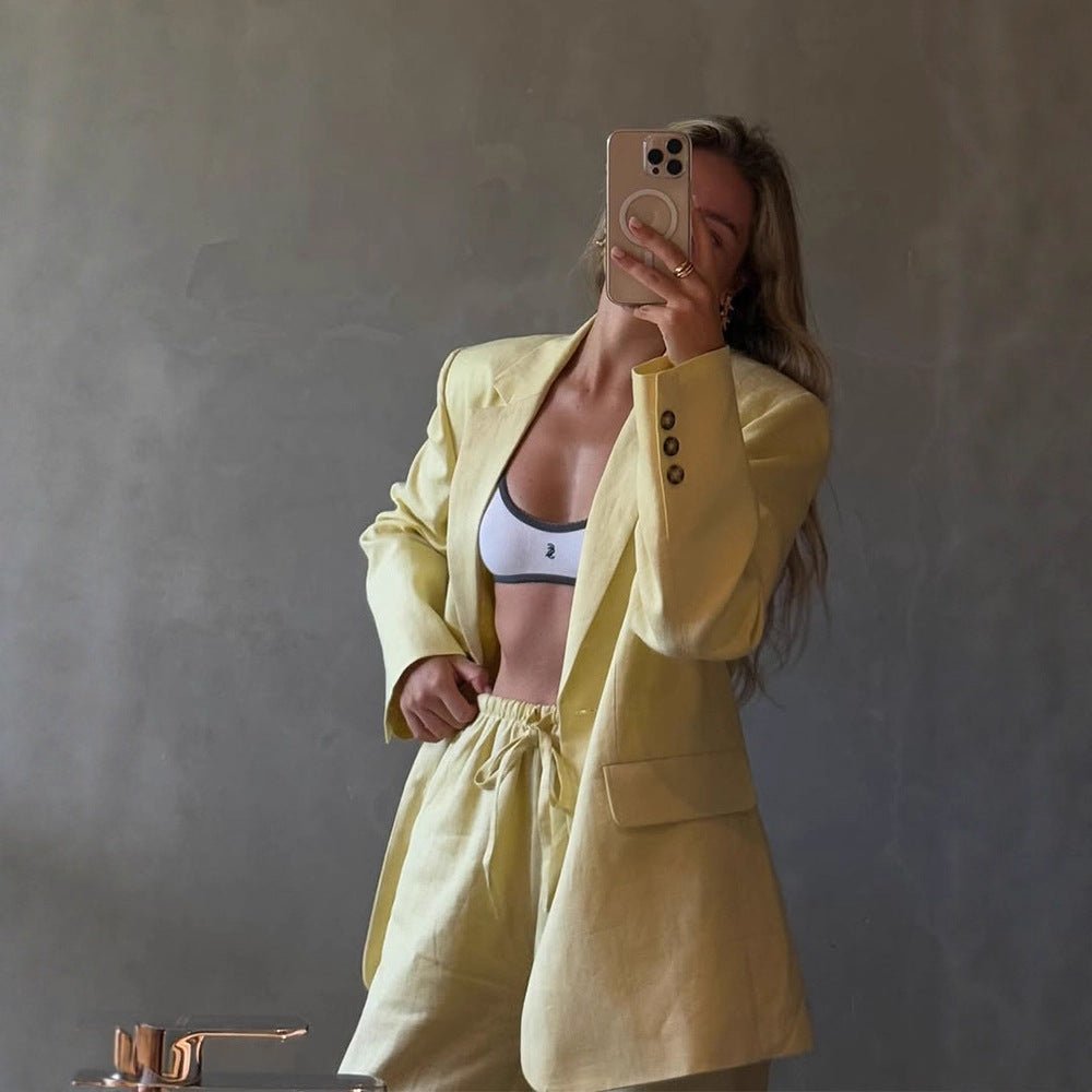 Women's Lightweight Linen Set with Loose-Fitting Blazer and High-Waisted Shorts Chichicherry - Chichicherry