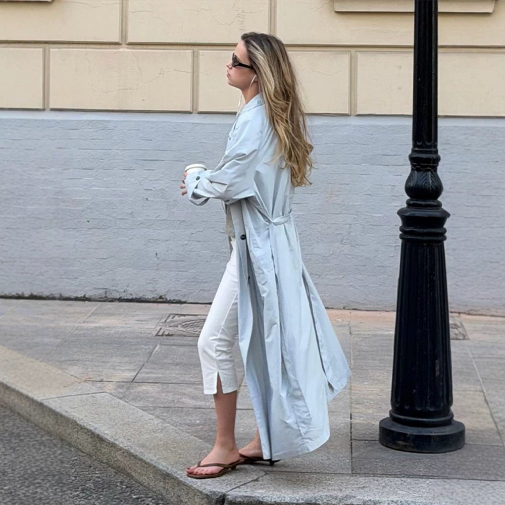 Women's Lightweight Long Trench Coat Made from Technical Material with Concealed Button Placket and Loose Fit Chichicherry - Chichicherry