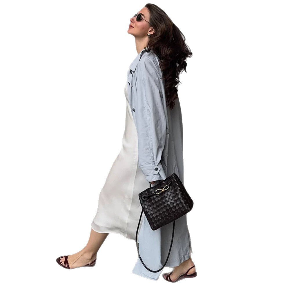 Women's Lightweight Long Trench Coat Made from Technical Material with Concealed Button Placket and Loose Fit Chichicherry - Chichicherry
