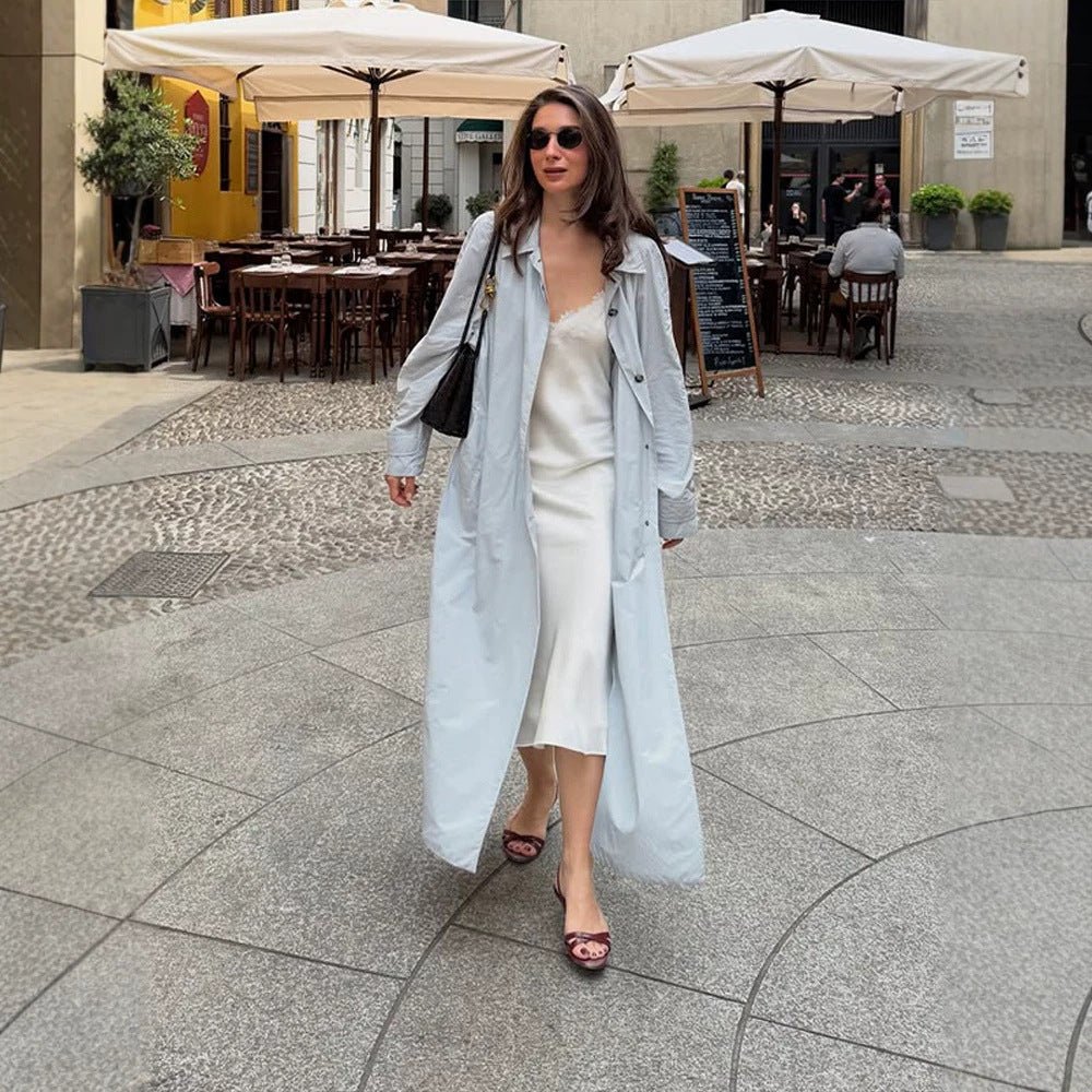 Women's Lightweight Long Trench Coat Made from Technical Material with Concealed Button Placket and Loose Fit Chichicherry - Chichicherry