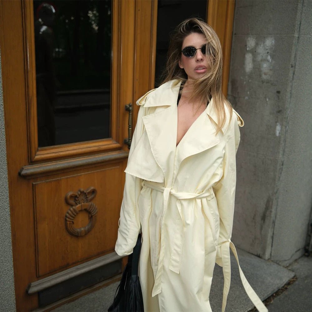 Women's Lightweight Long Trench Coat with Oversized Silhouette, Wide Shawl Collar and Extended Sleeves Chichicherry - Chichicherry