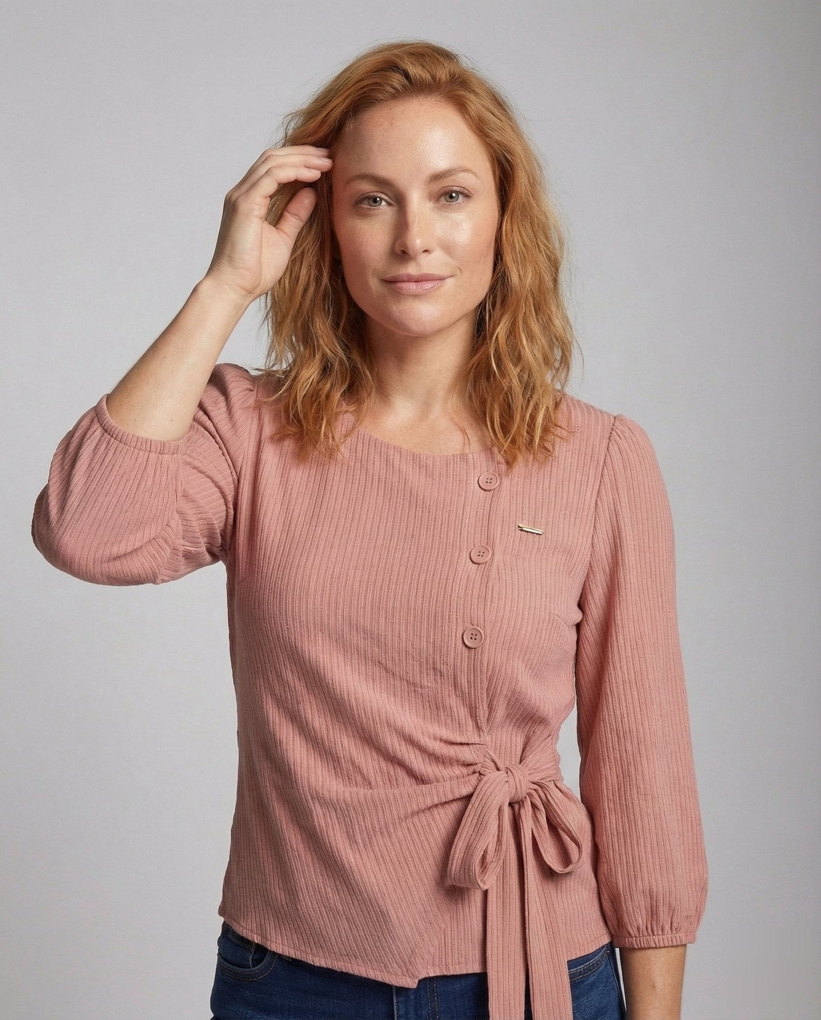 Women's Linen Blend Blouse with Asymmetrical Button Placket - Chichicherry