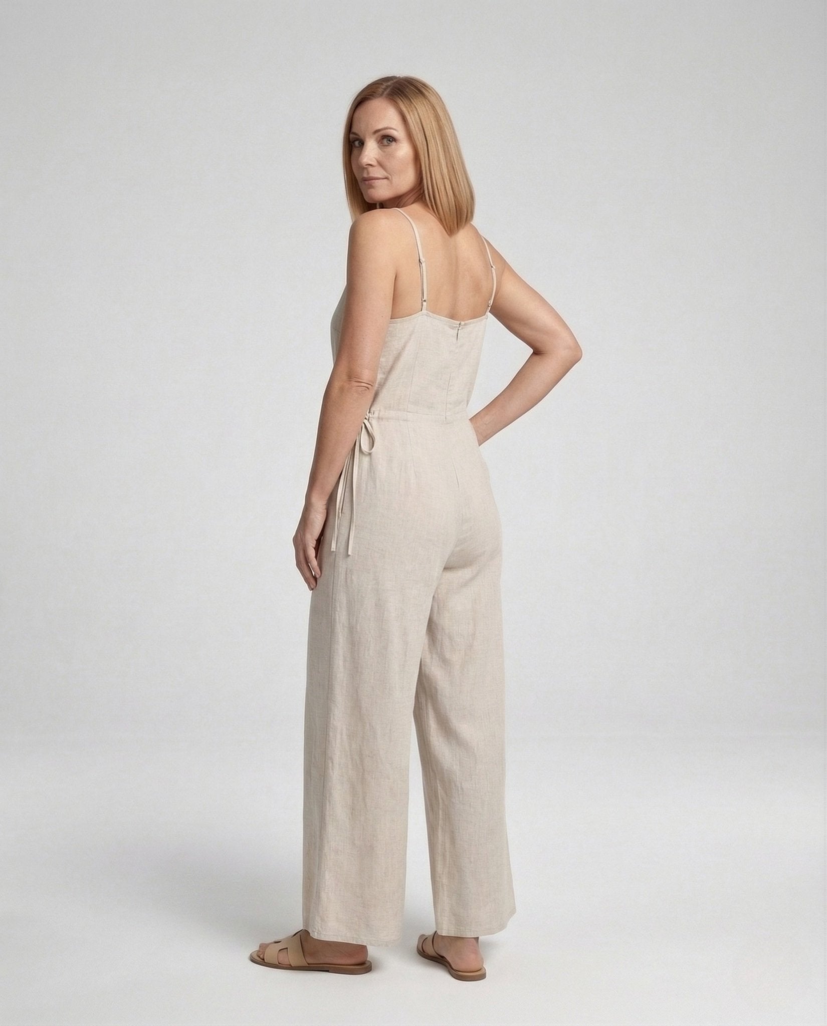 Women's Linen Blend Jumpsuit with Spaghetti Straps - Chichicherry