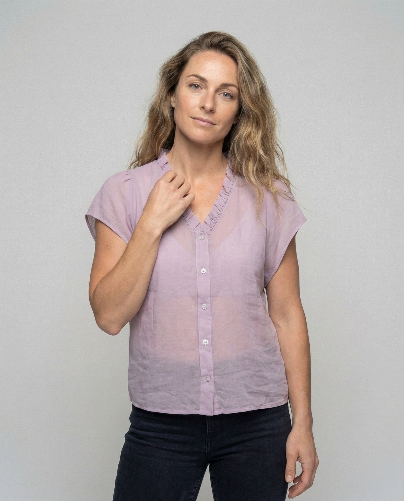 Women's linen blend short sleeve blouse with ruffles V-neck - Chichicherry
