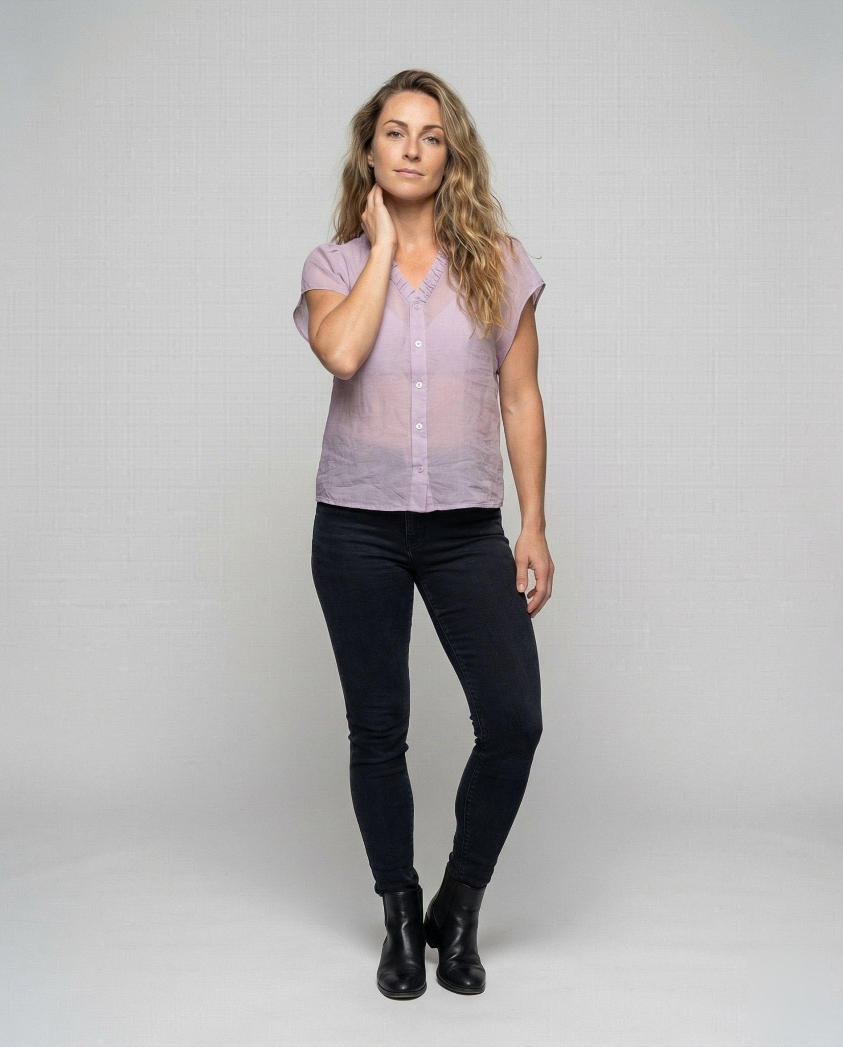 Women's linen blend short sleeve blouse with ruffles V-neck - Chichicherry