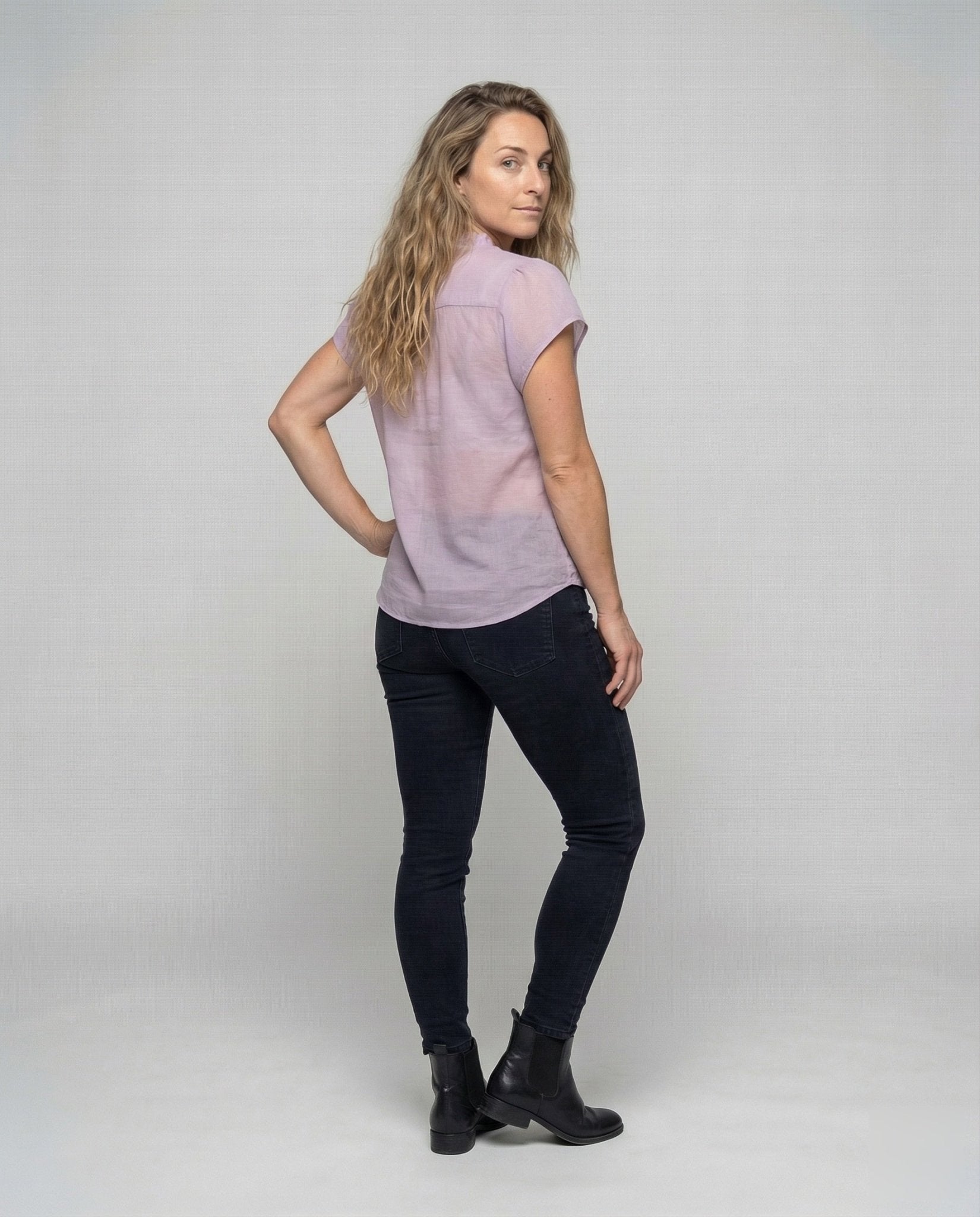 Women's linen blend short sleeve blouse with ruffles V-neck - Chichicherry