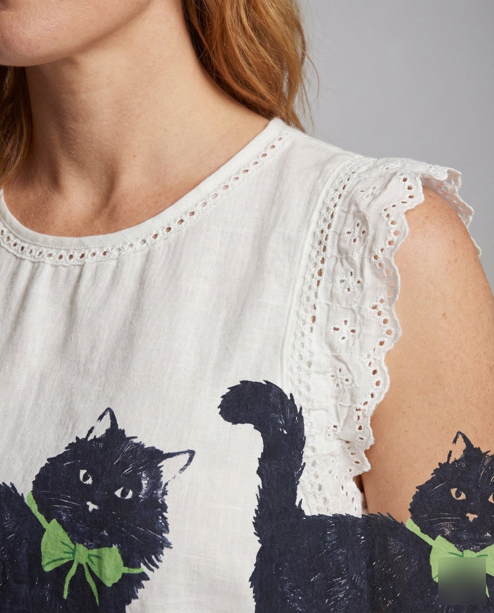 Women's Linen Blend Top with Cat Print - Chichicherry