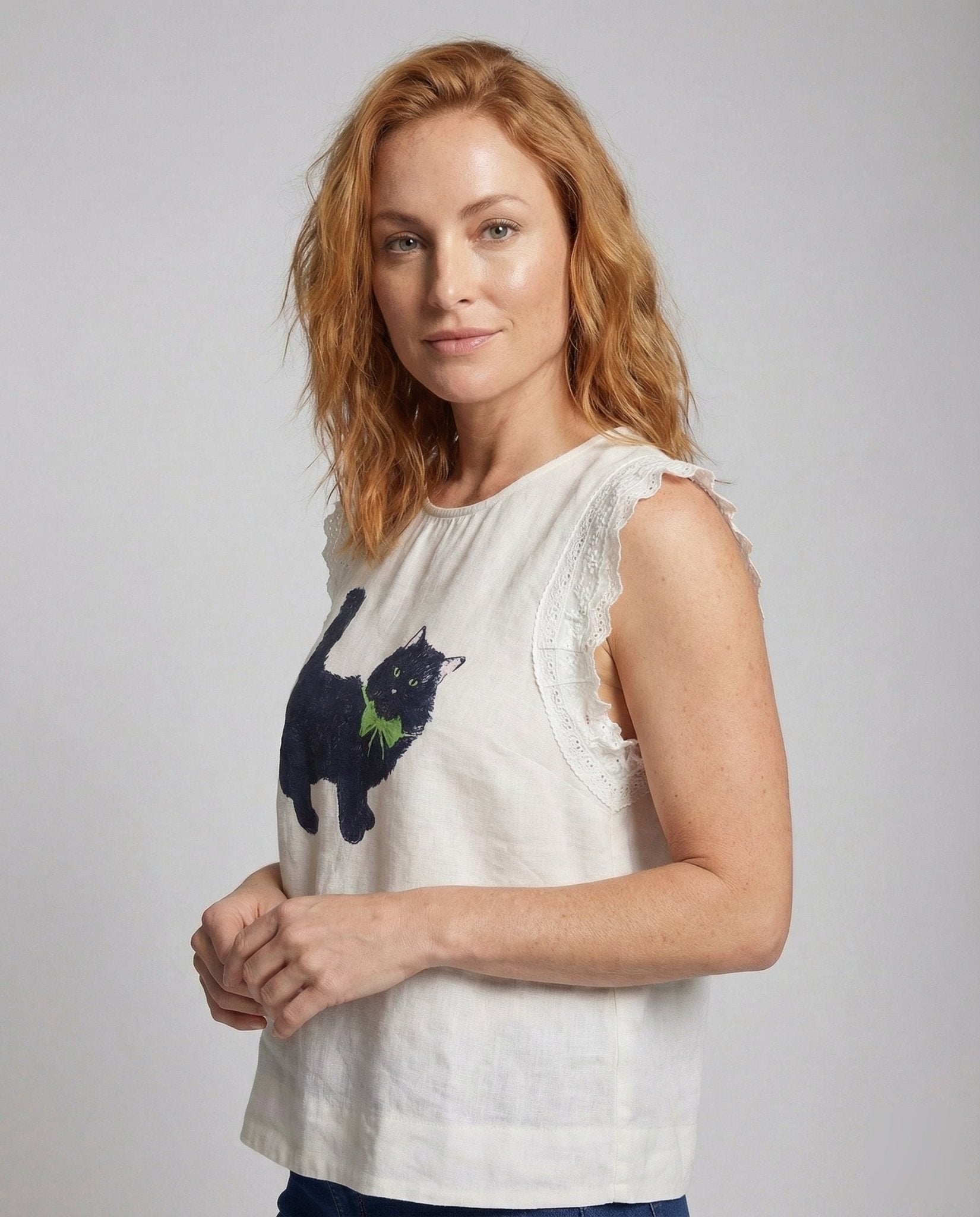 Women's Linen Blend Top with Cat Print - Chichicherry