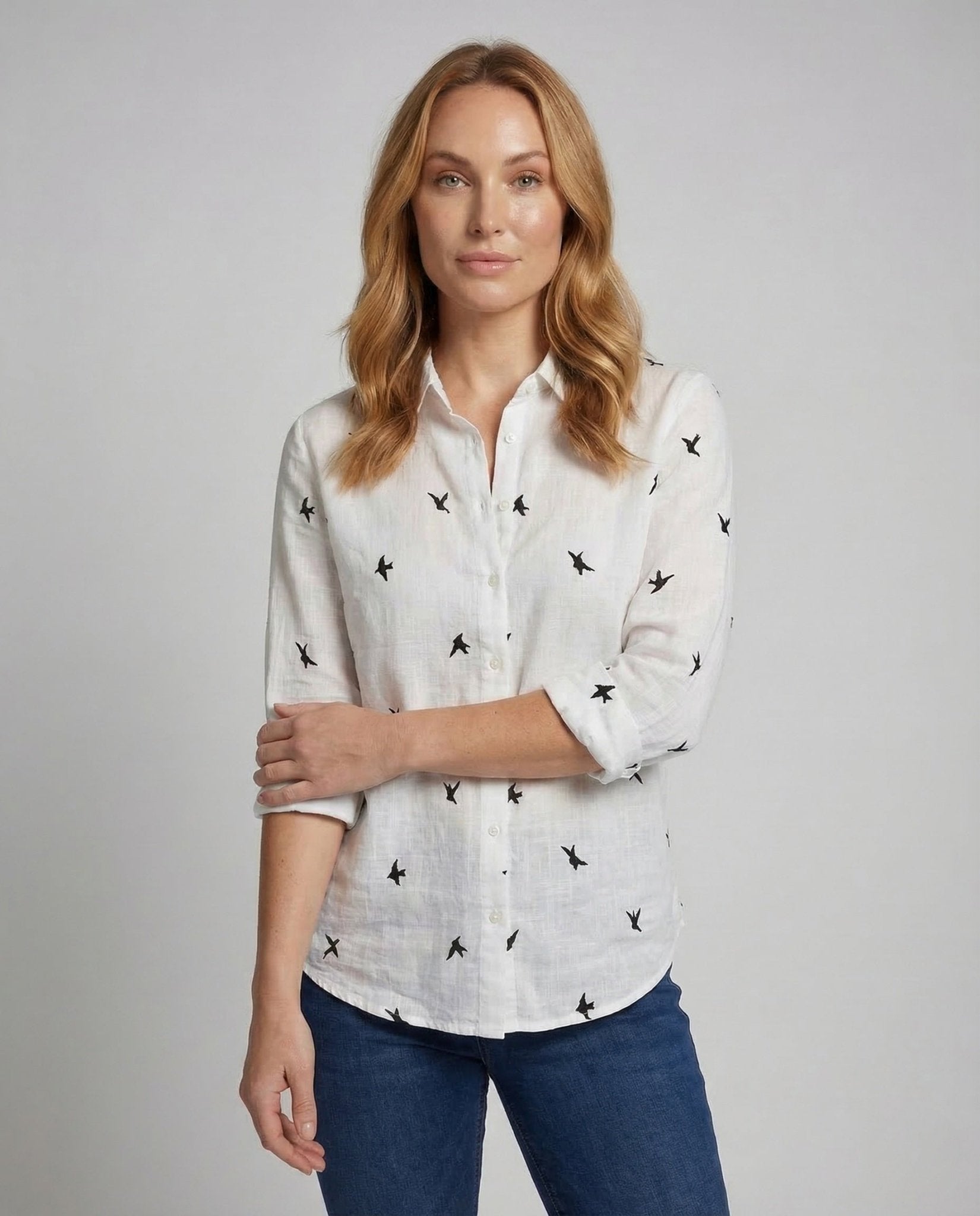 Women's Linen Blouse Bird Print Shirt Collar - Chichicherry