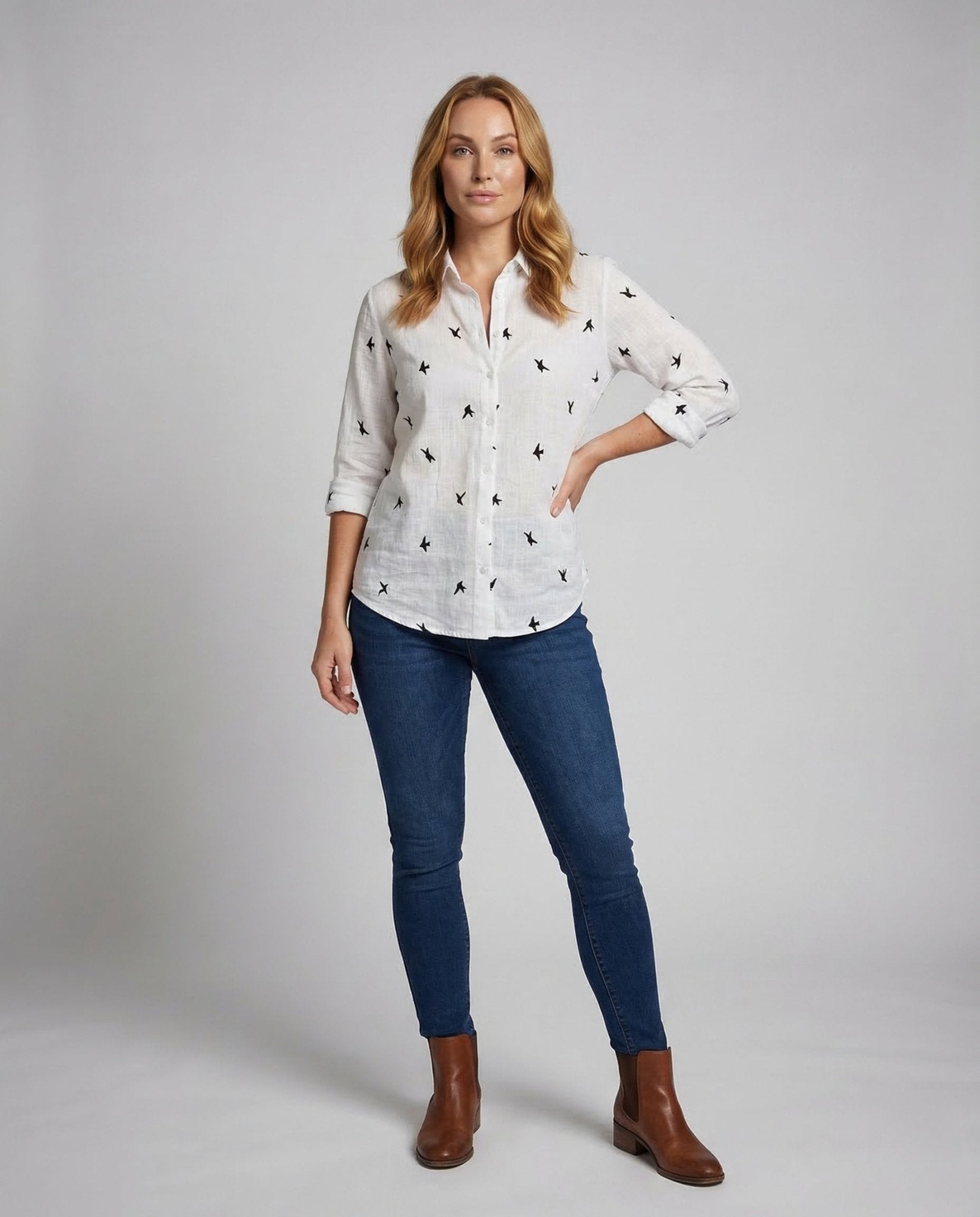 Women's Linen Blouse Bird Print Shirt Collar - Chichicherry