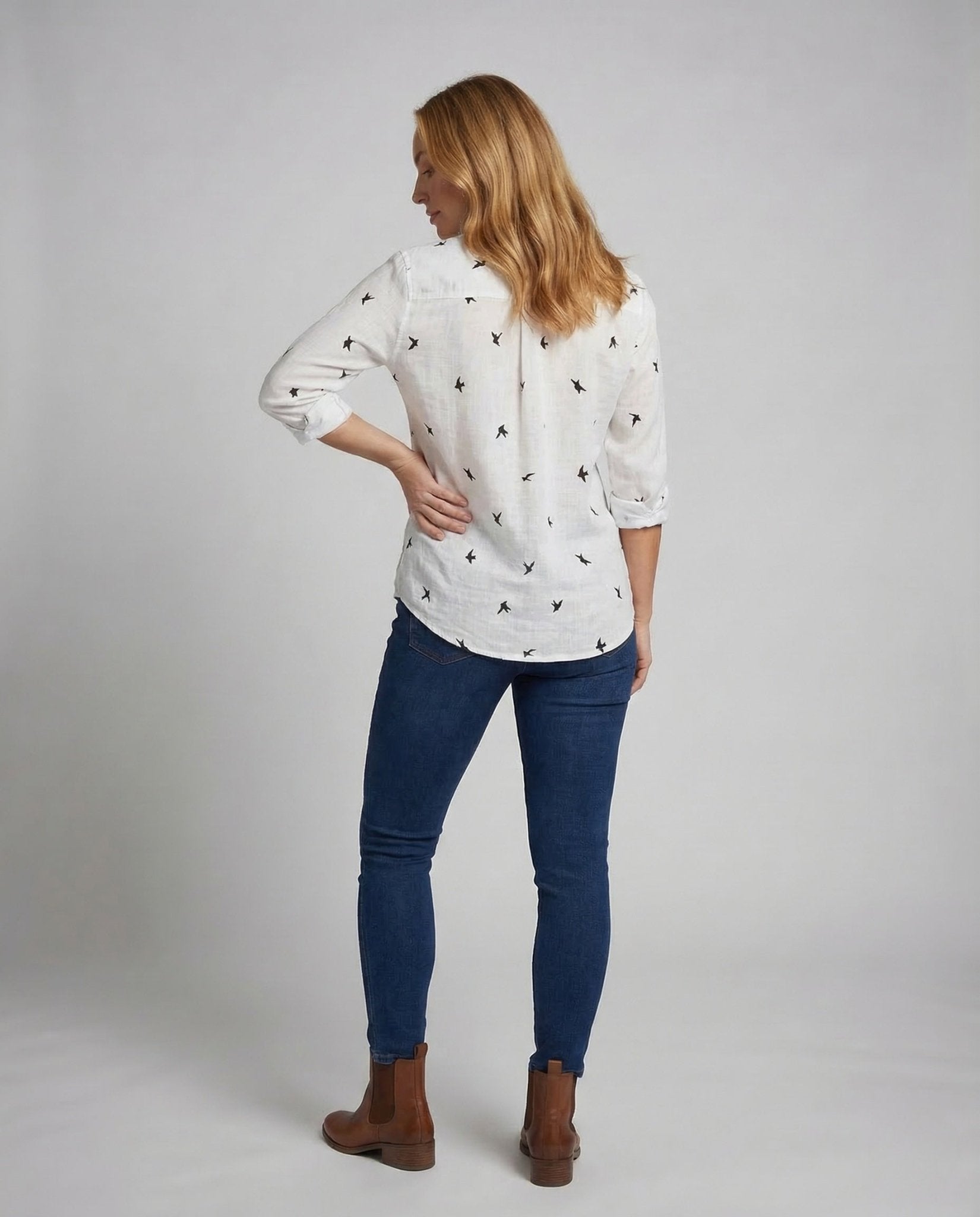 Women's Linen Blouse Bird Print Shirt Collar - Chichicherry