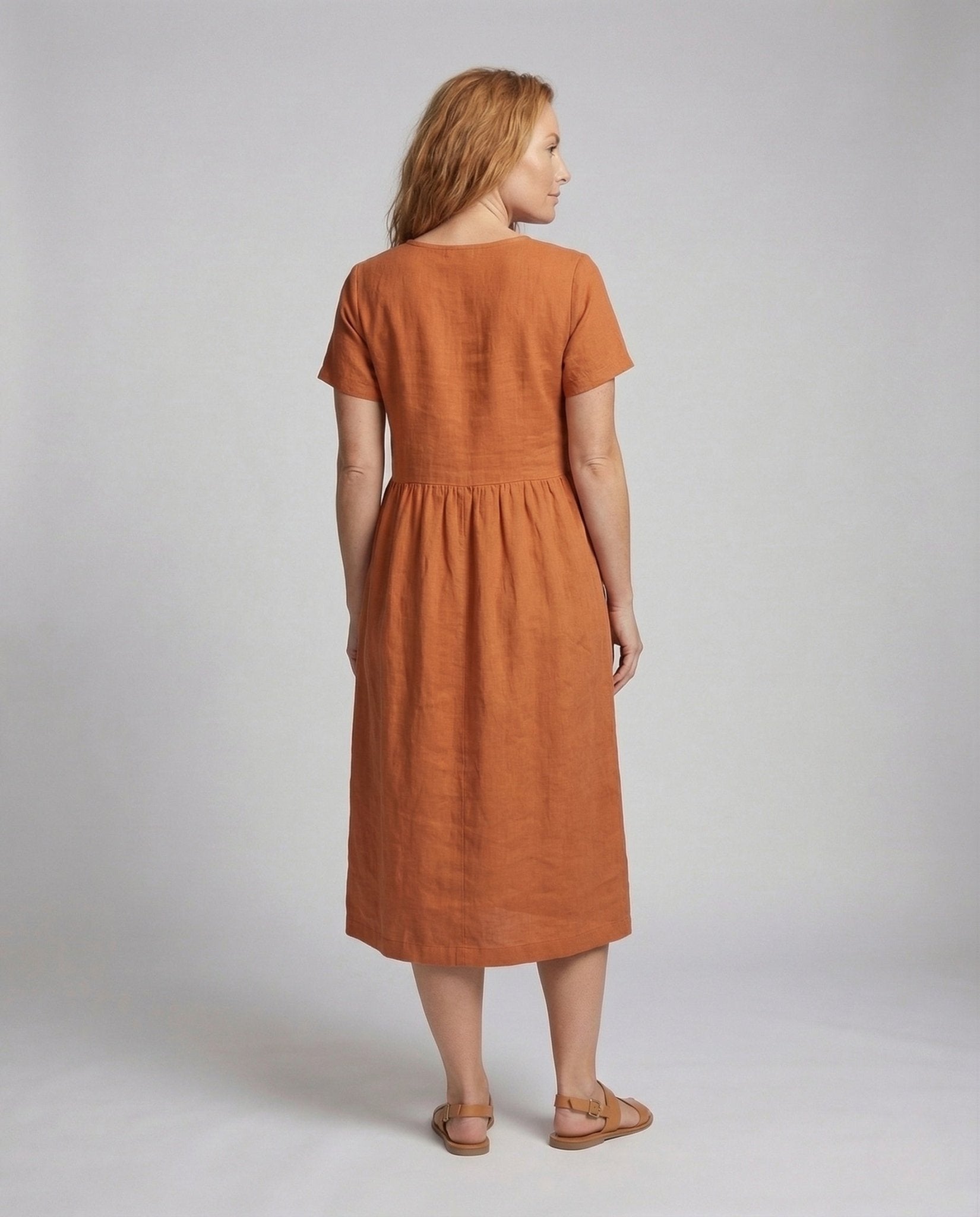 Women's Linen Cotton Midi Dress with Pockets - Chichicherry