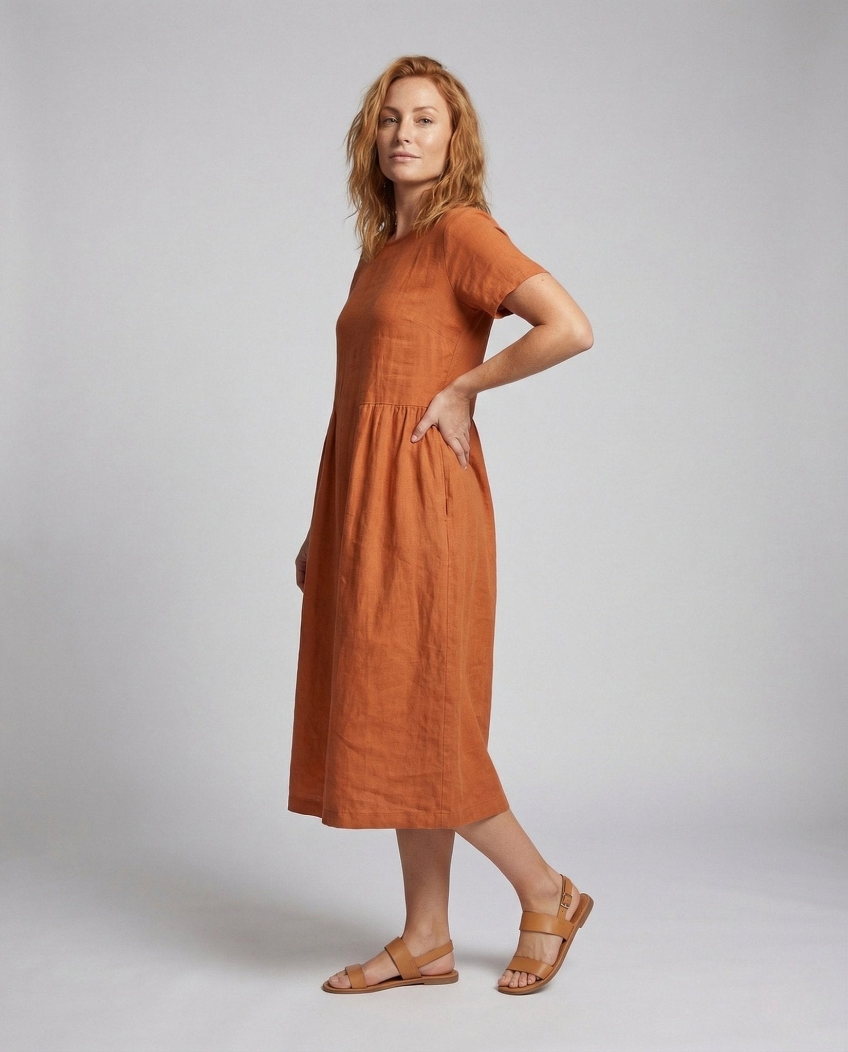Women's Linen Cotton Midi Dress with Pockets - Chichicherry