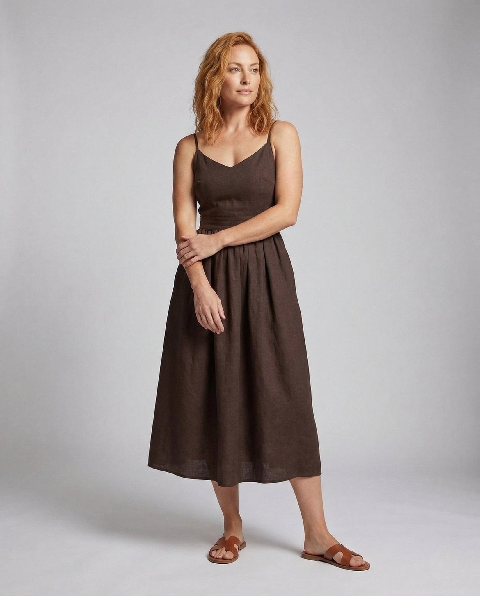 Women's Linen Look Midi Dress with Flared Skirt - Chichicherry