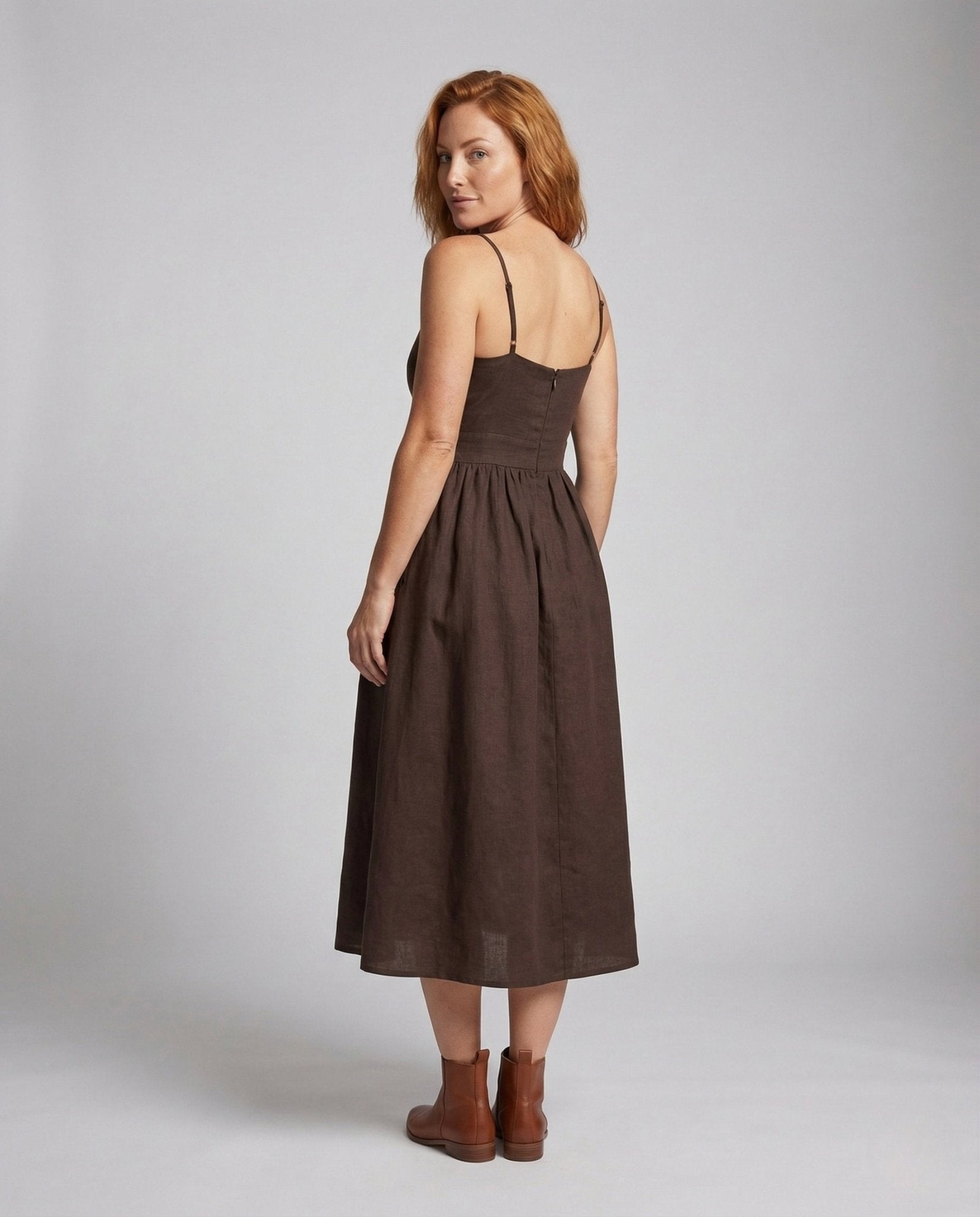 Women's Linen Look Midi Dress with Flared Skirt - Chichicherry