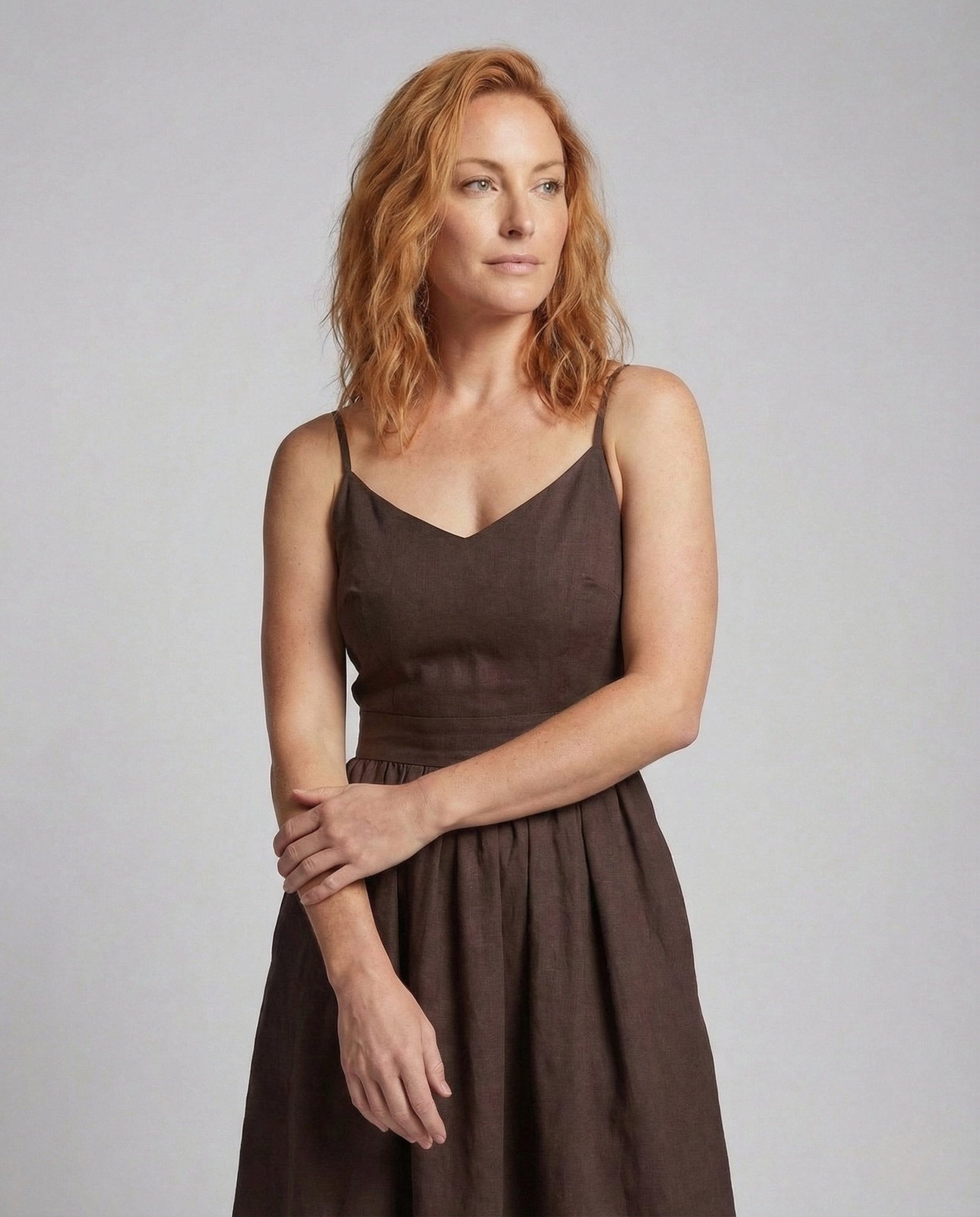 Women's Linen Look Midi Dress with Flared Skirt - Chichicherry