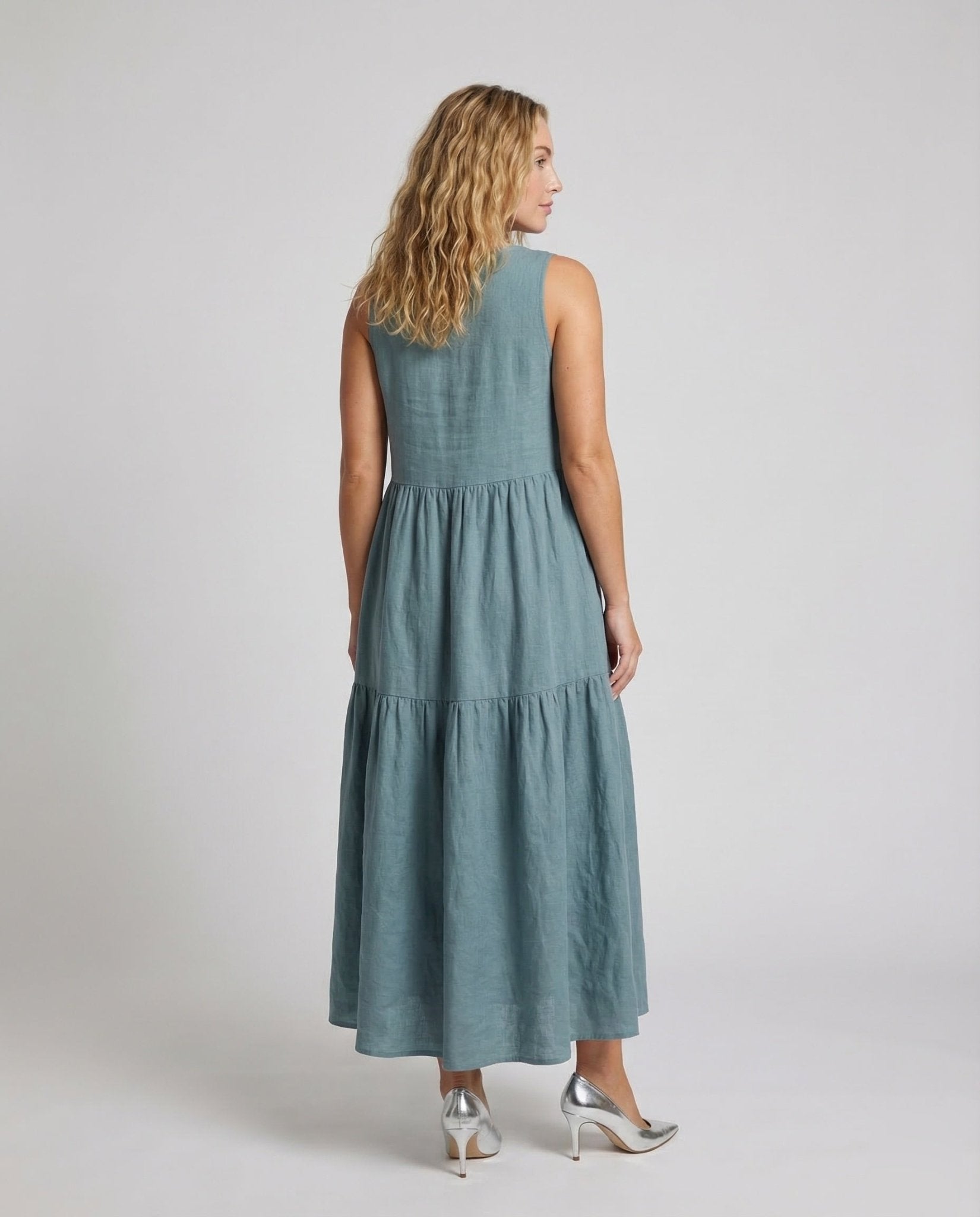 Women's Linen Look Tiered Dress with V-Neck - Chichicherry