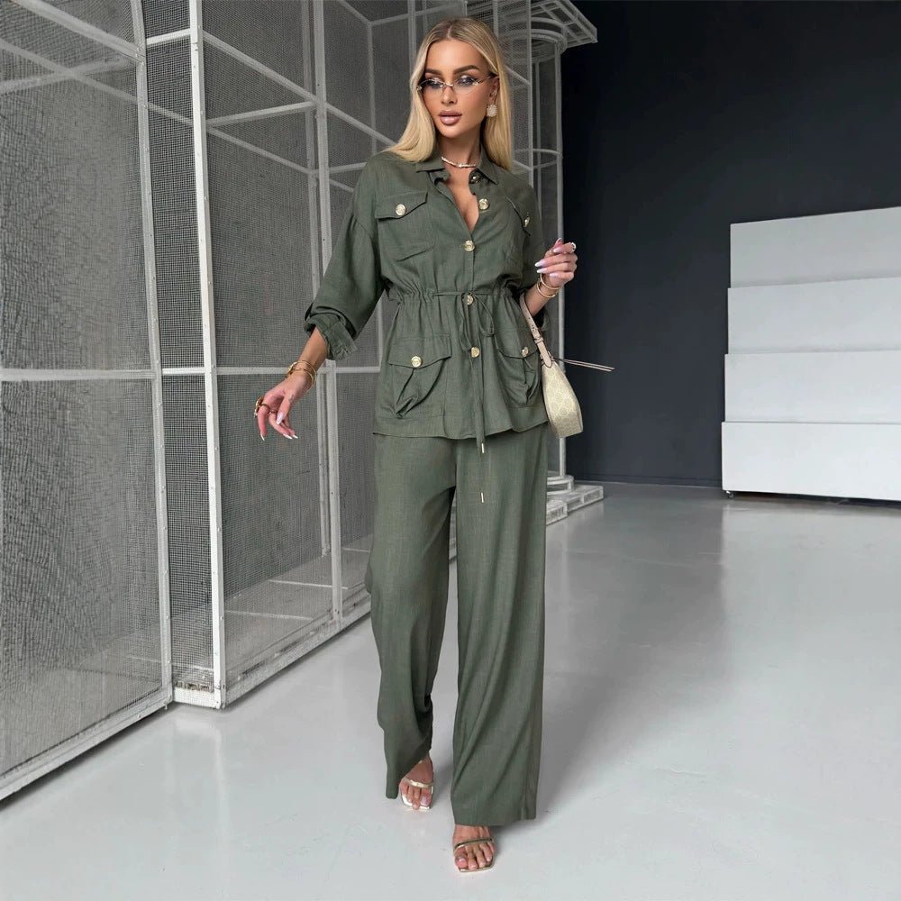 Women's Linen Look Utility Shirt Jacket with Drawstring Waist and Golden Decorative Buttons Chichicherry - Chichicherry