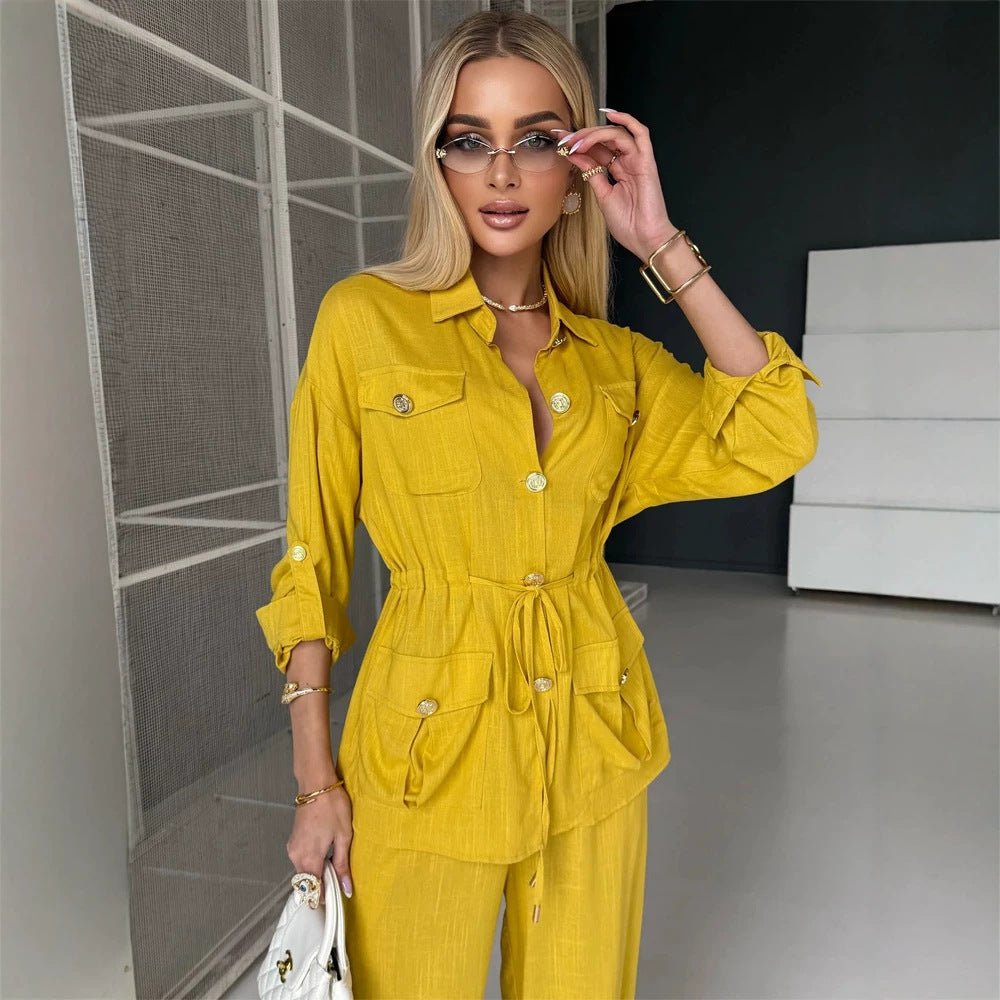 Women's Linen Look Utility Shirt Jacket with Drawstring Waist and Golden Decorative Buttons Chichicherry - Chichicherry