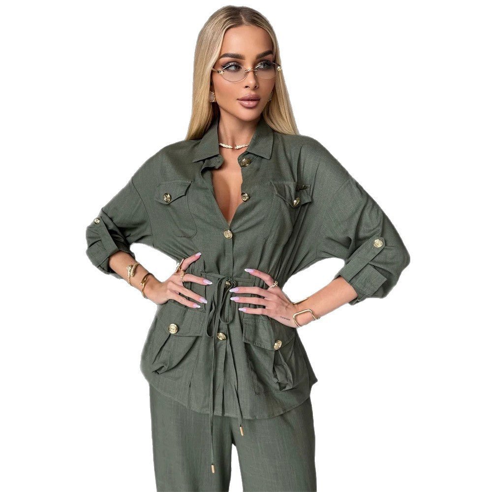 Women's Linen Look Utility Shirt Jacket with Drawstring Waist and Golden Decorative Buttons Chichicherry - Chichicherry