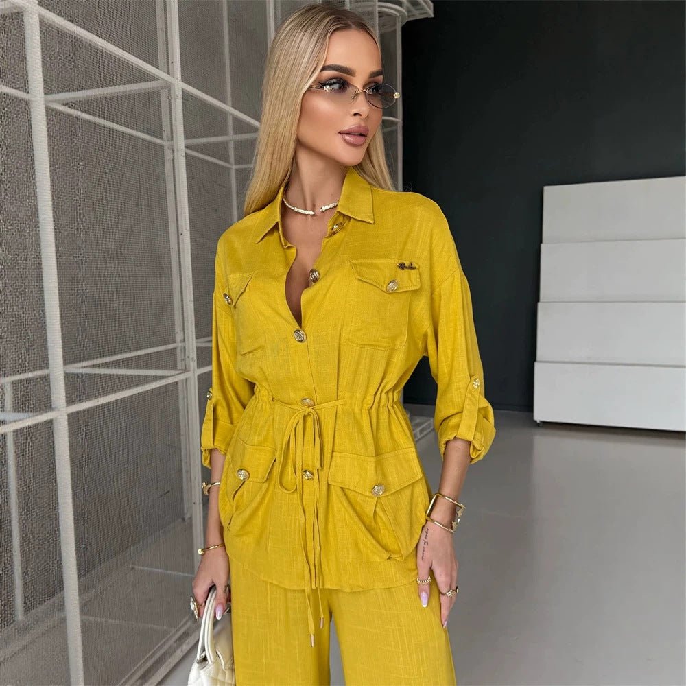 Women's Linen Look Utility Shirt Jacket with Drawstring Waist and Golden Decorative Buttons Chichicherry - Chichicherry
