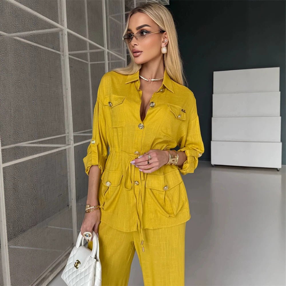 Women's Linen Look Utility Shirt Jacket with Drawstring Waist and Golden Decorative Buttons Chichicherry - Chichicherry