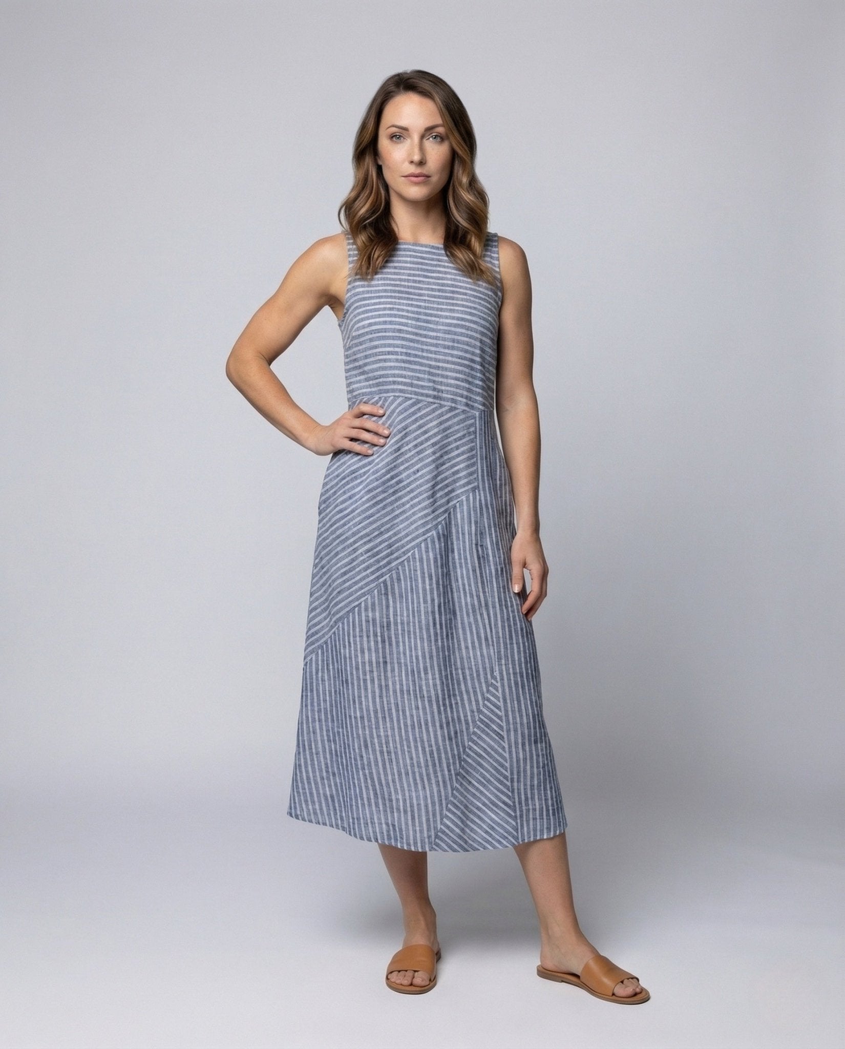 Women's Linen Midi Dress Pockets Sleeveless - Chichicherry