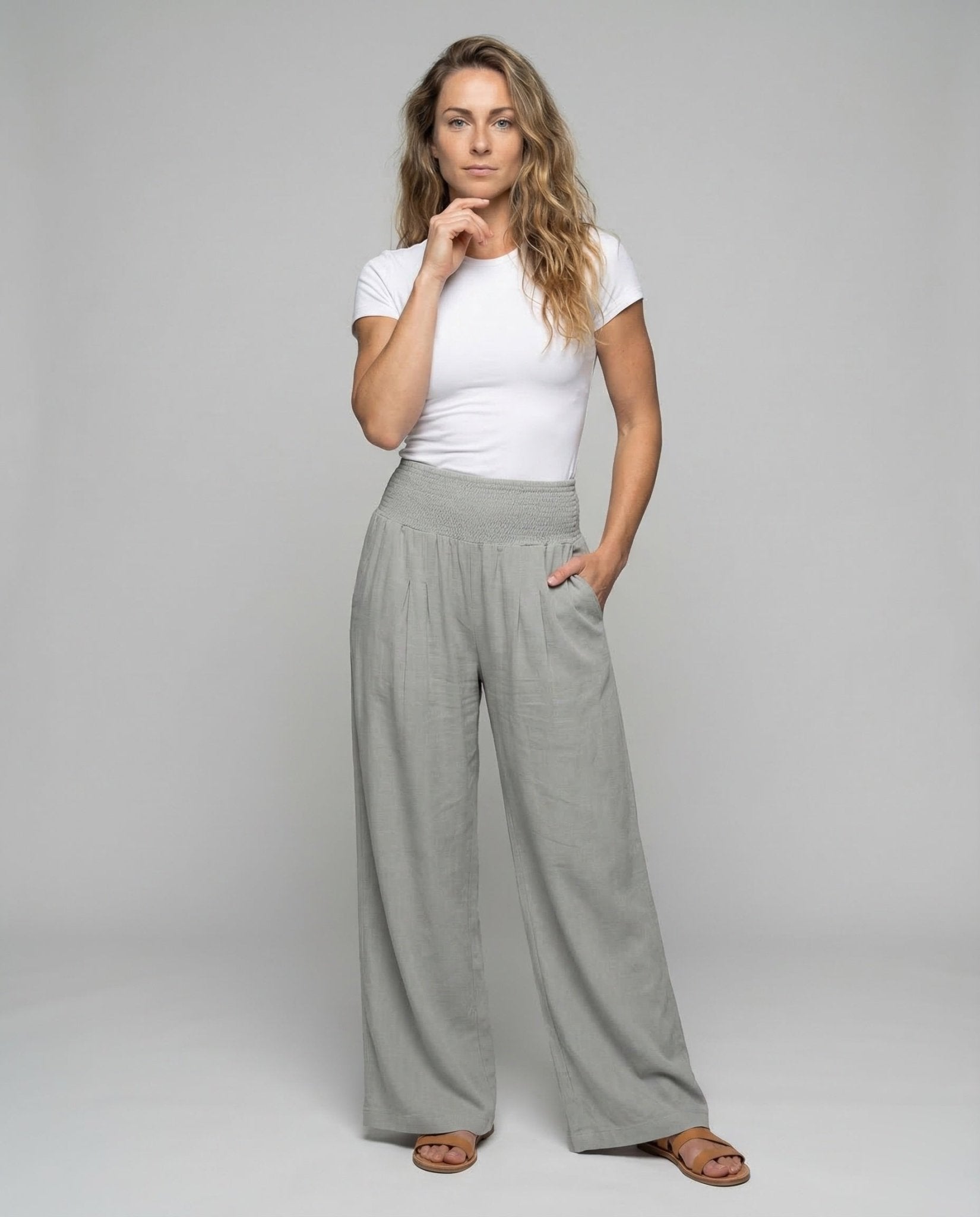 Women's Linen Palazzo Pants with Smocked Waistband - Chichicherry