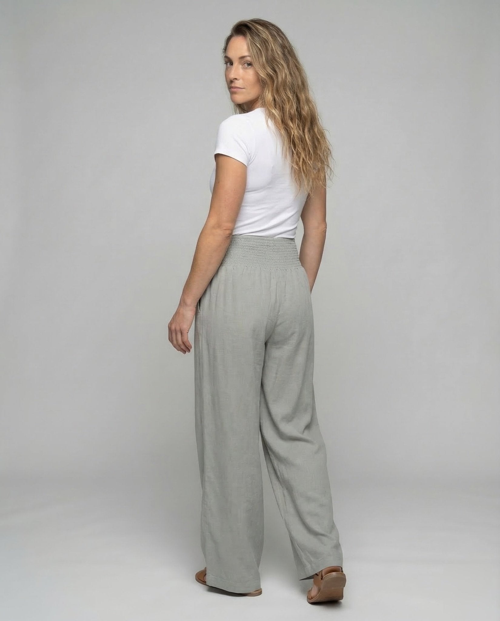 Women's Linen Palazzo Pants with Smocked Waistband - Chichicherry