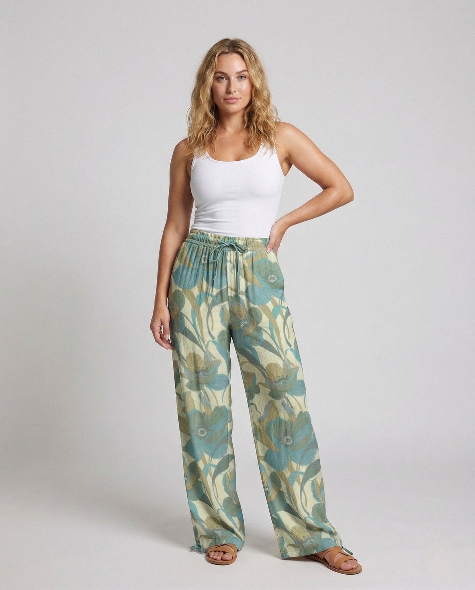 Women's Linen Pants Wide Elastic Waistband Drawstring - Chichicherry