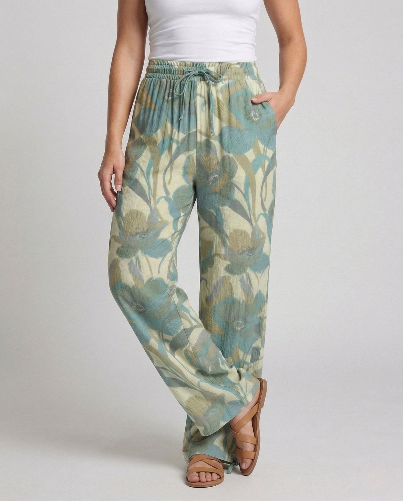 Women's Linen Pants Wide Elastic Waistband Drawstring - Chichicherry