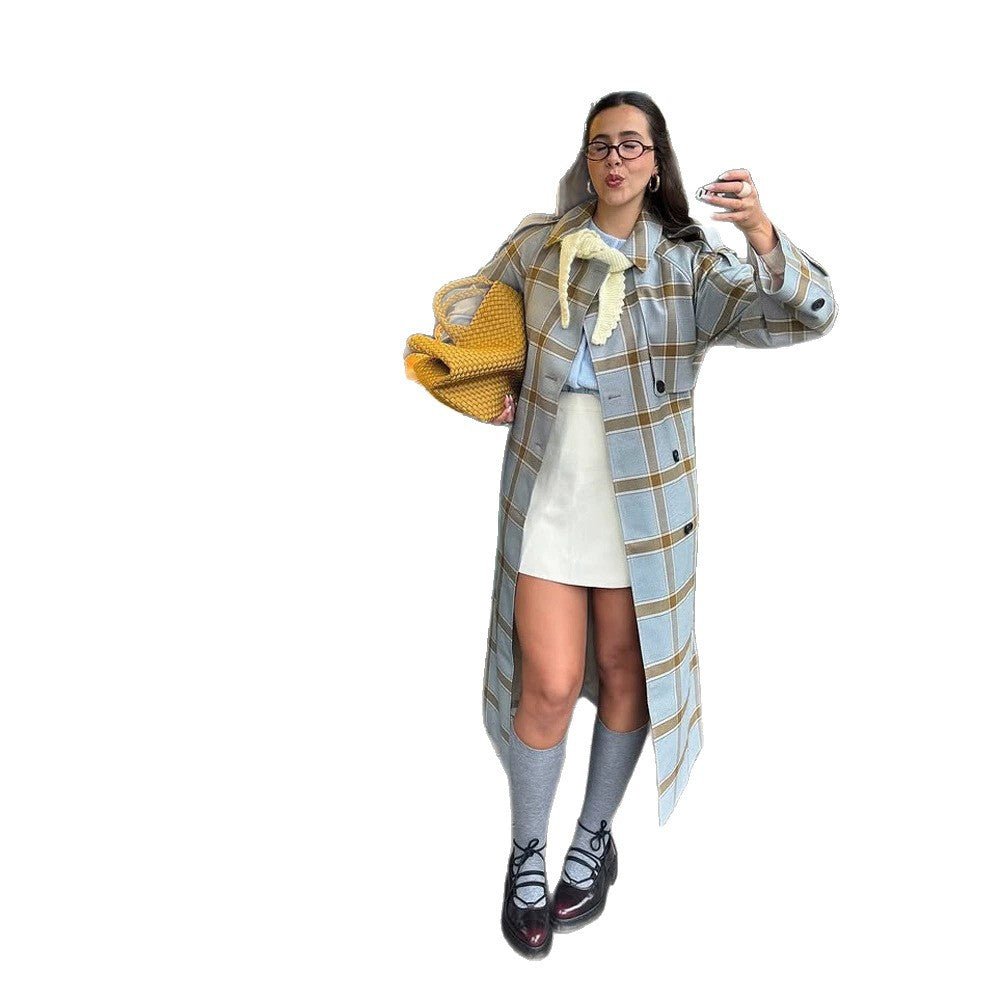 Women's long checkered coat in trench coat style with double button placket Chichicherry - Chichicherry