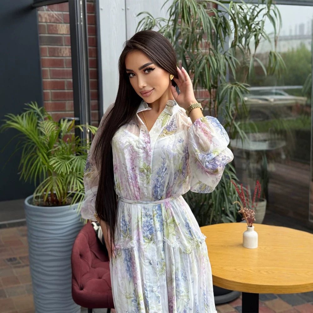 Women's Long Chiffon Tiered Maxi Dress with Ruffles & Delicate Flower Print Chichicherry - Chichicherry