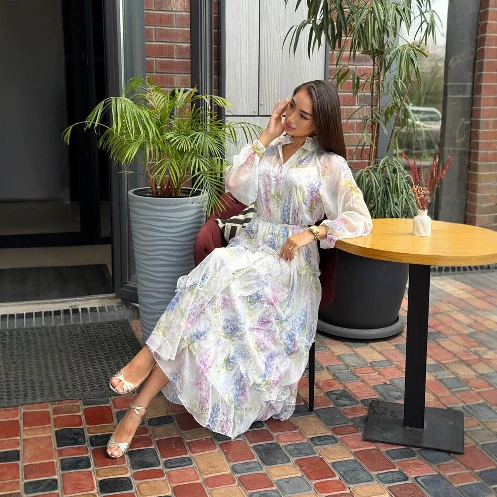 Women's Long Chiffon Tiered Maxi Dress with Ruffles & Delicate Flower Print Chichicherry - Chichicherry