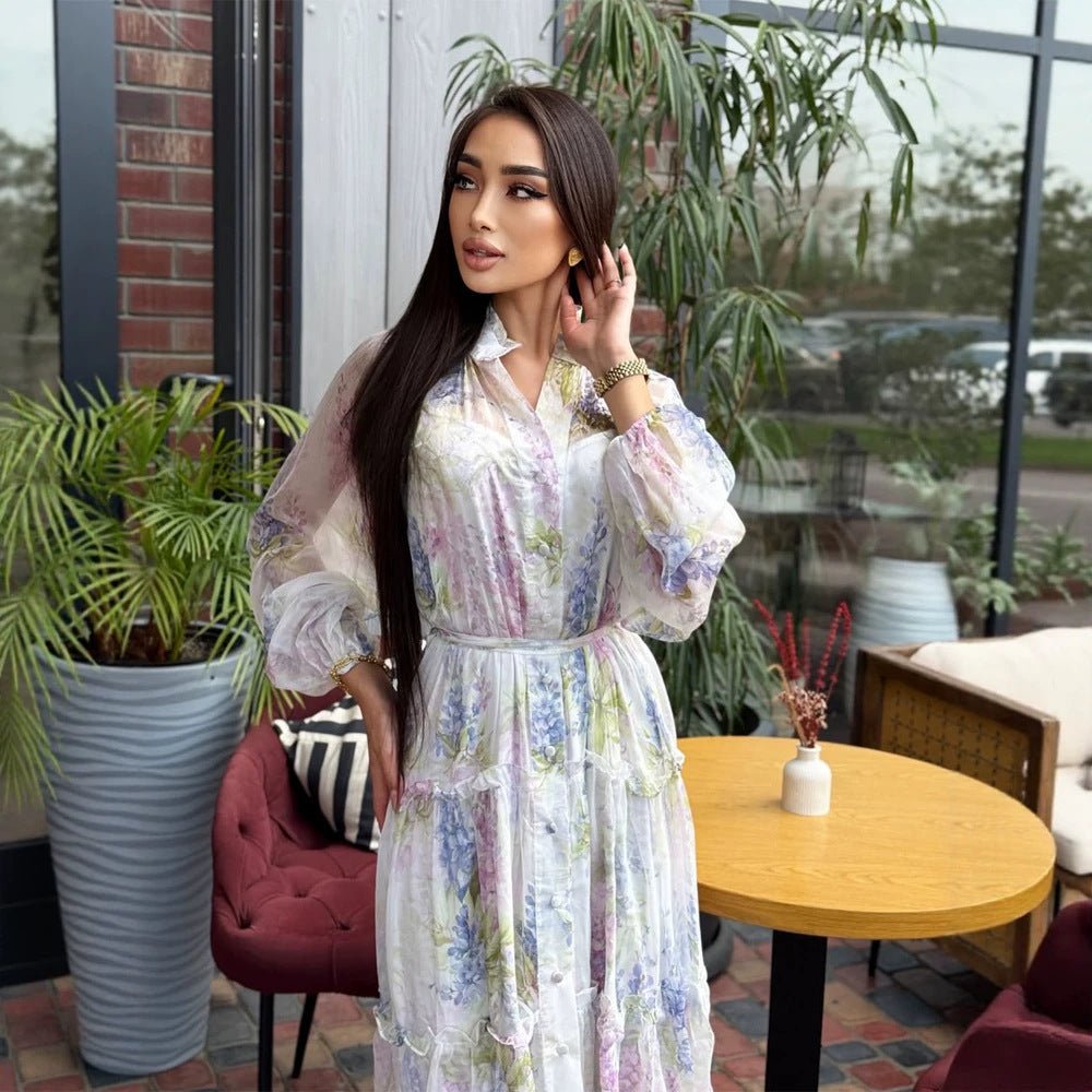 Women's Long Chiffon Tiered Maxi Dress with Ruffles & Delicate Flower Print Chichicherry - Chichicherry