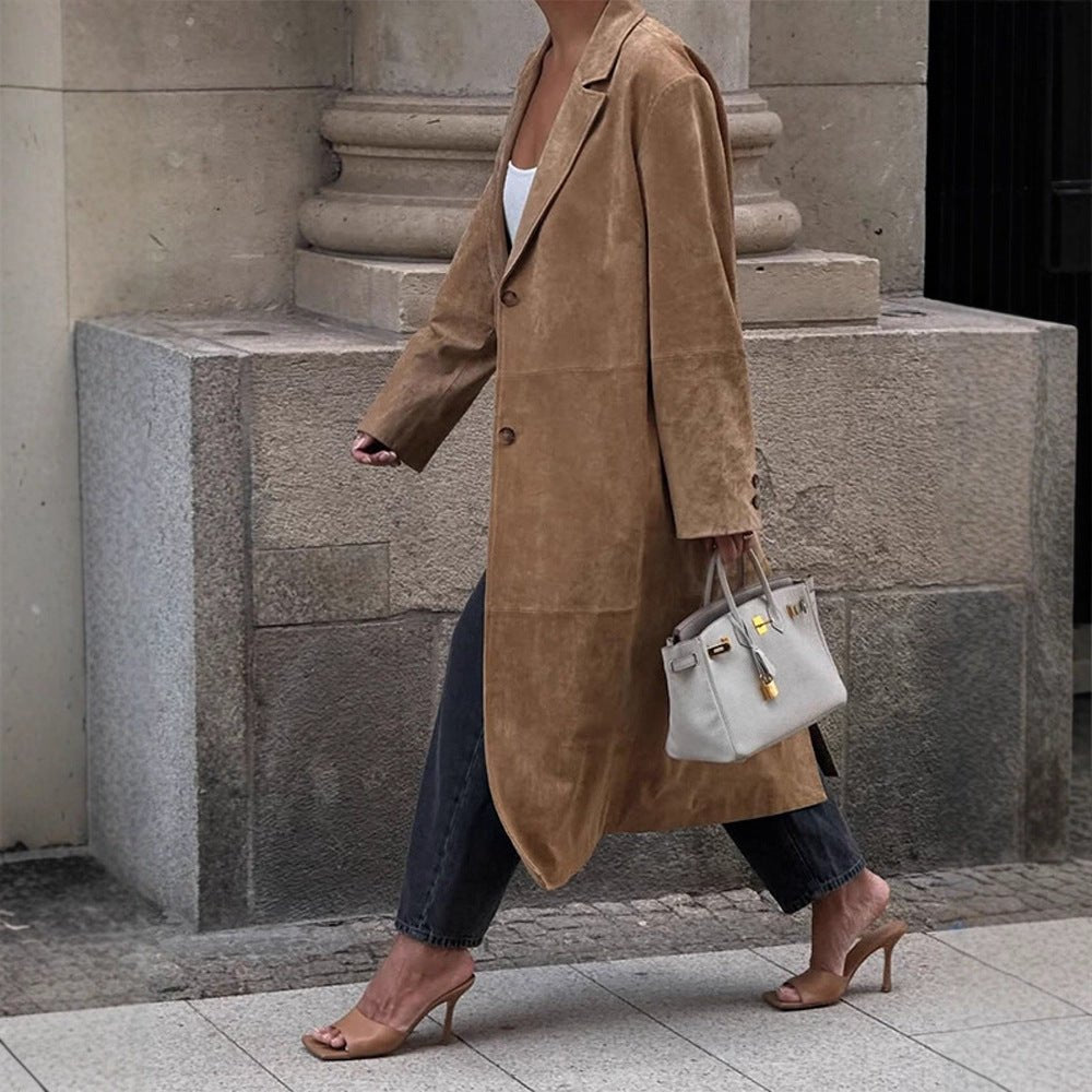 Women's Long Coat in Suede Look with Narrow Lapels and Clean Cut Chichicherry - Chichicherry