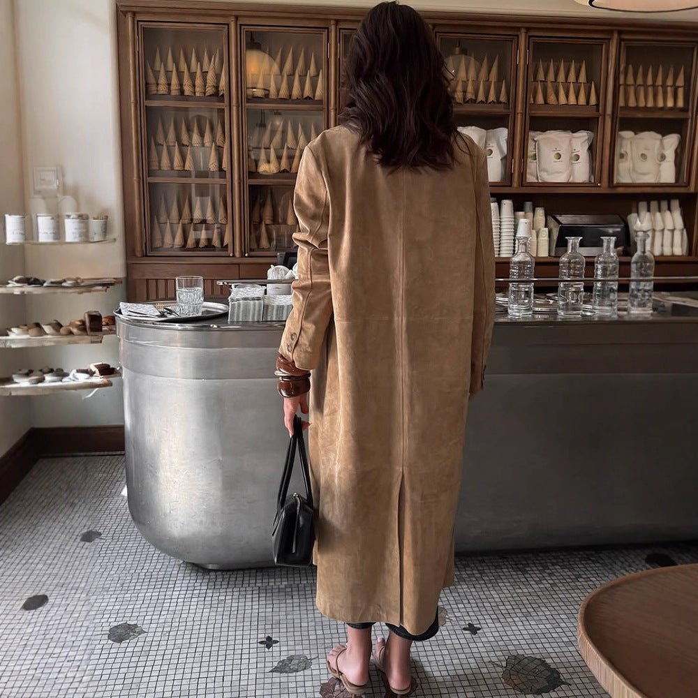 Women's Long Coat in Suede Look with Narrow Lapels and Clean Cut Chichicherry - Chichicherry