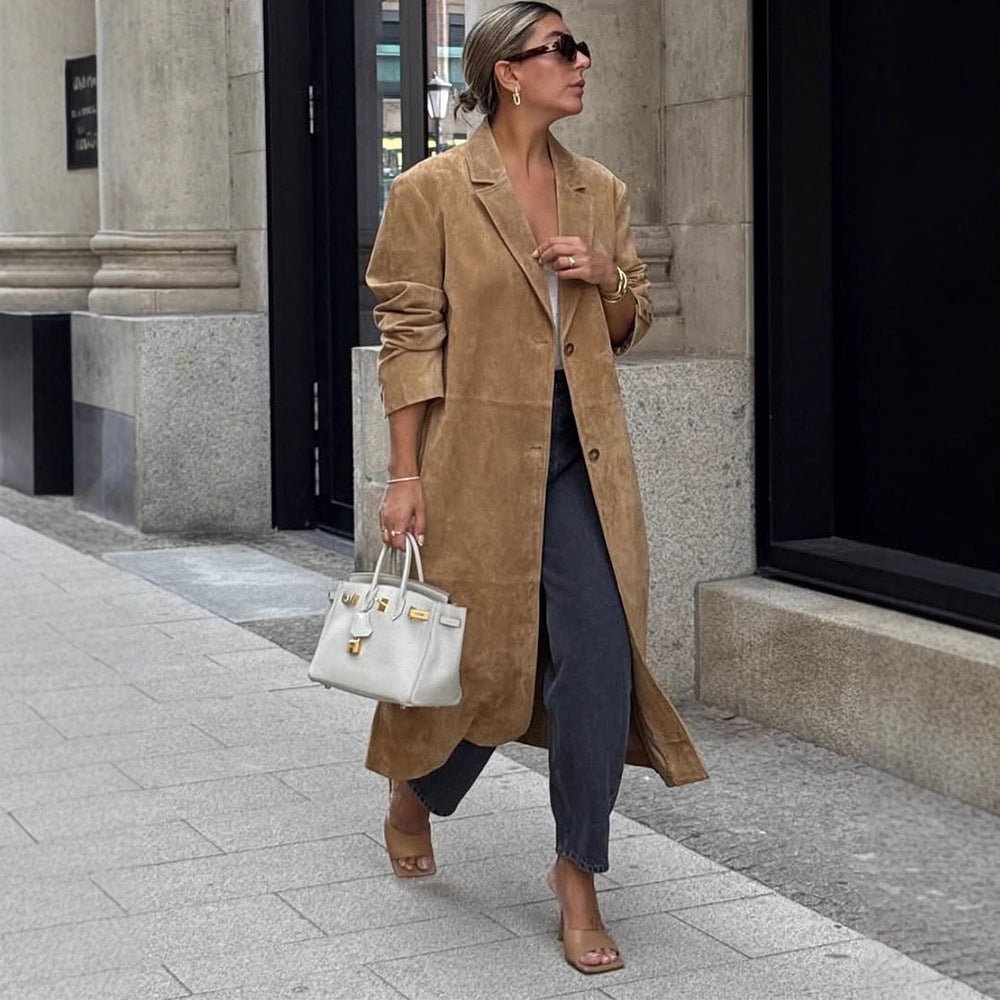 Women's Long Coat in Suede Look with Narrow Lapels and Clean Cut Chichicherry - Chichicherry