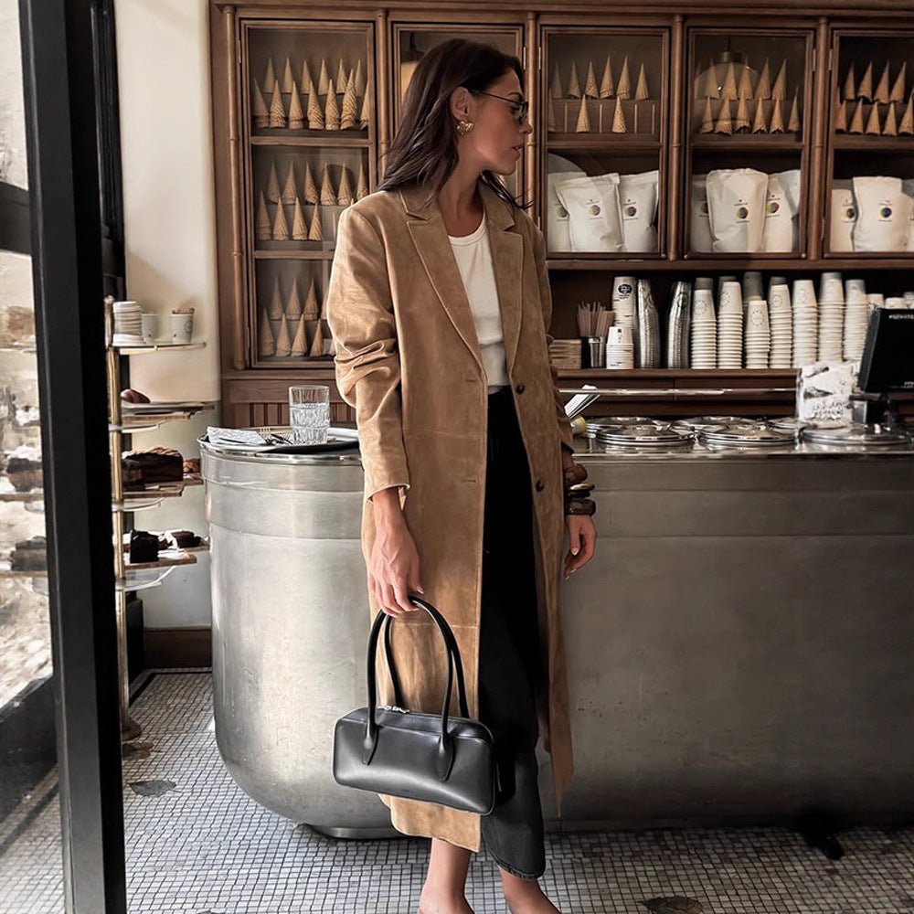 Women's Long Coat in Suede Look with Narrow Lapels and Clean Cut Chichicherry - Chichicherry
