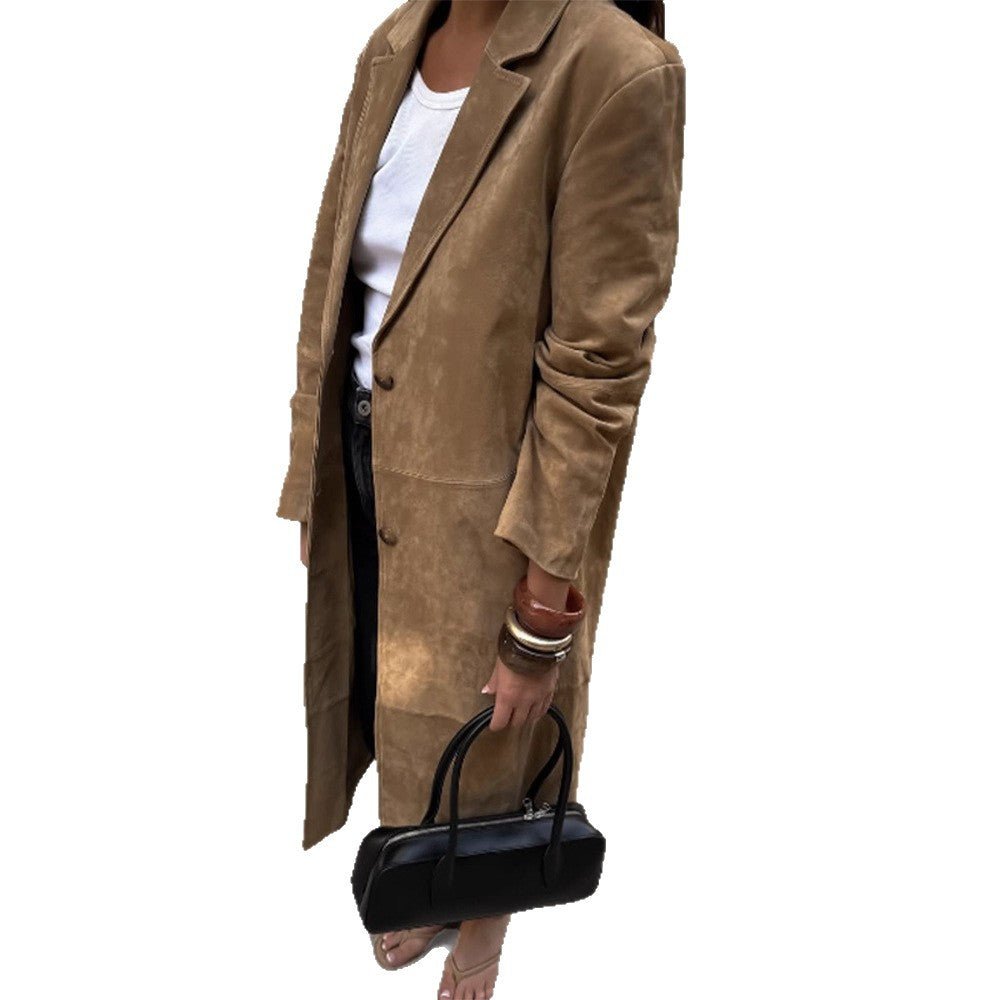 Women's Long Coat in Suede Look with Narrow Lapels and Clean Cut Chichicherry - Chichicherry