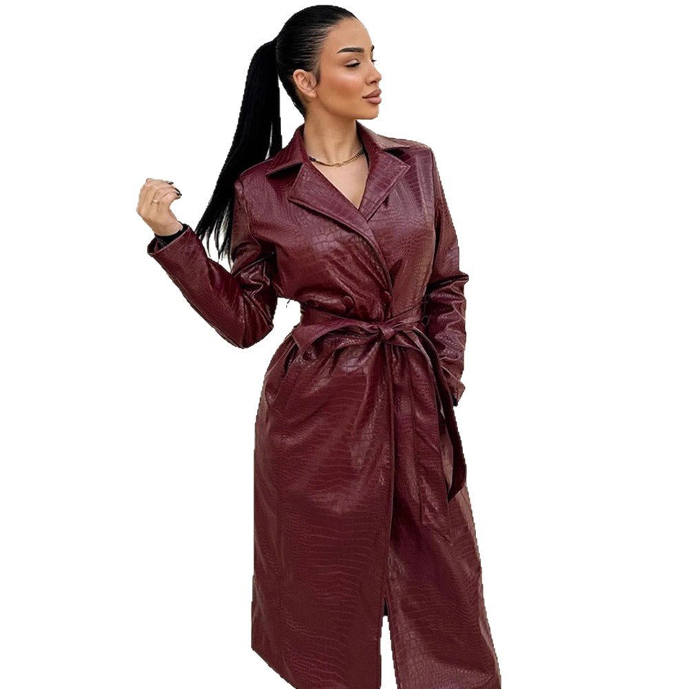 Women's long coat made of faux leather with crocodile embossing and waist belt Chichicherry - Chichicherry