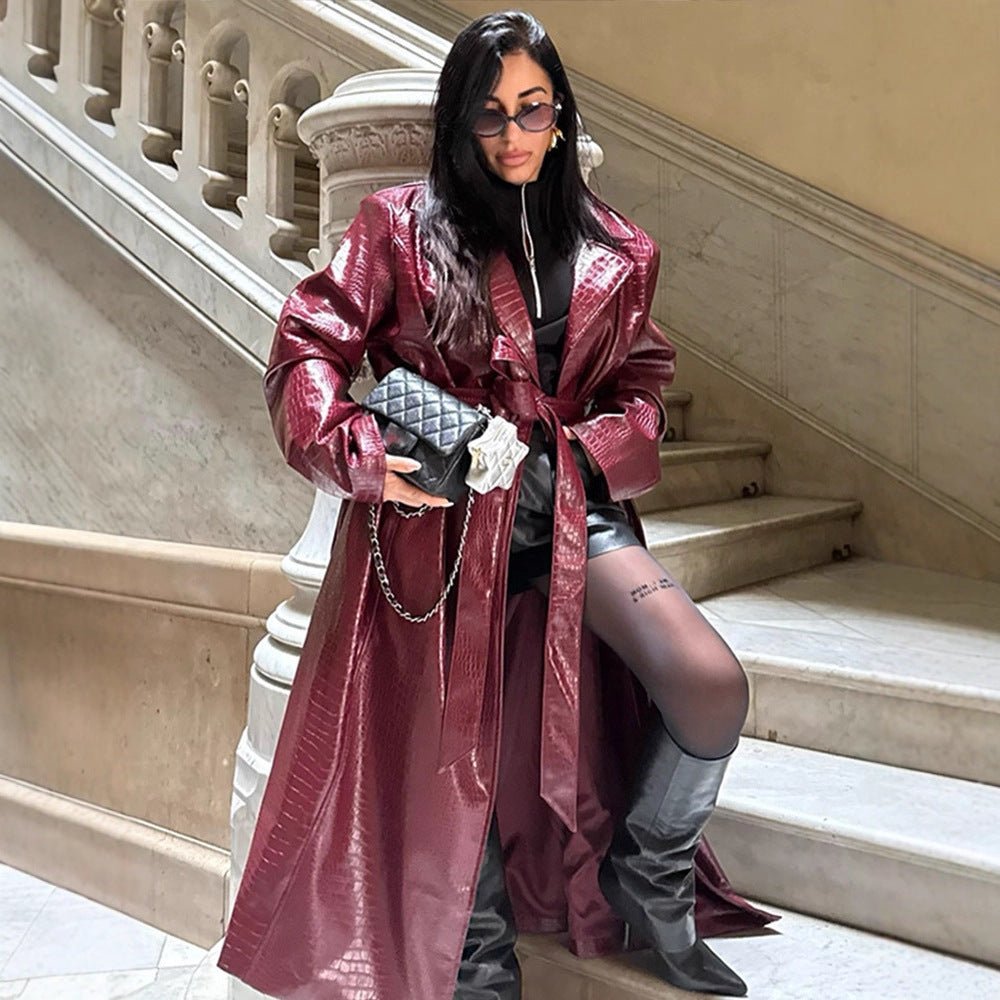 Women's long coat made of faux leather with crocodile embossing and waist belt Chichicherry - Chichicherry
