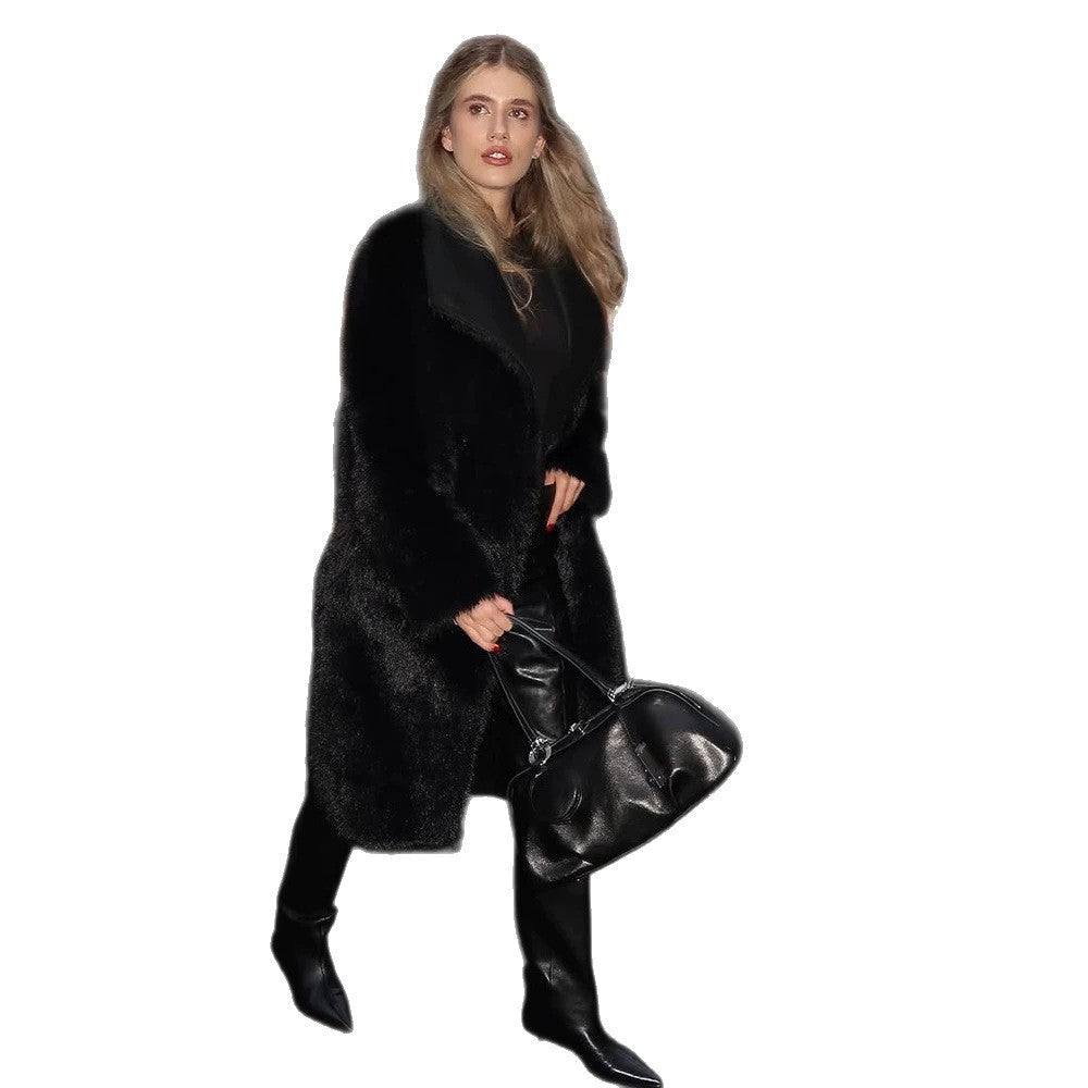 Women's Long Cut Faux Fur Coat with Large Shawl Collar and Concealing Oversize Fit Chichicherry - Chichicherry