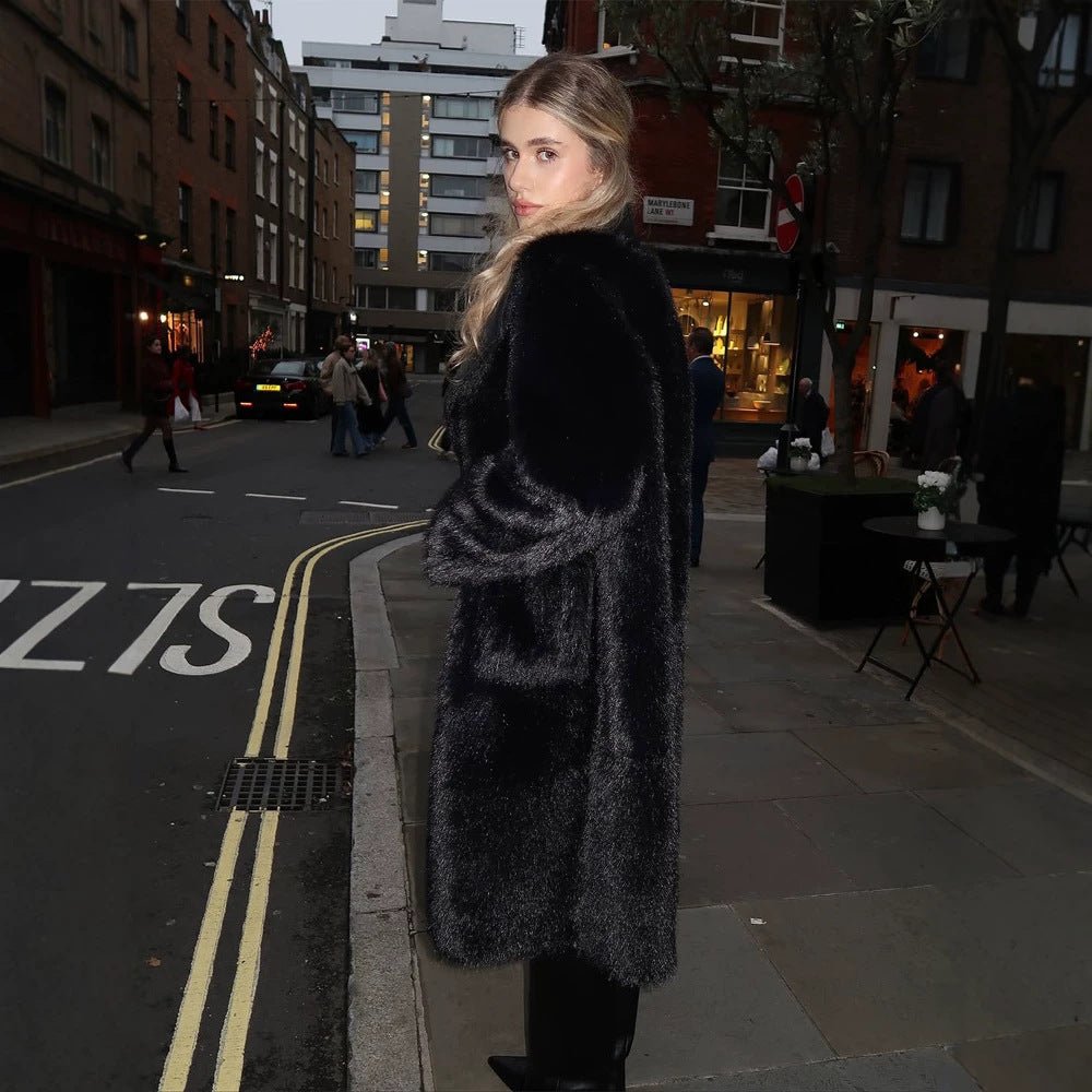 Women's Long Cut Faux Fur Coat with Large Shawl Collar and Concealing Oversize Fit Chichicherry - Chichicherry